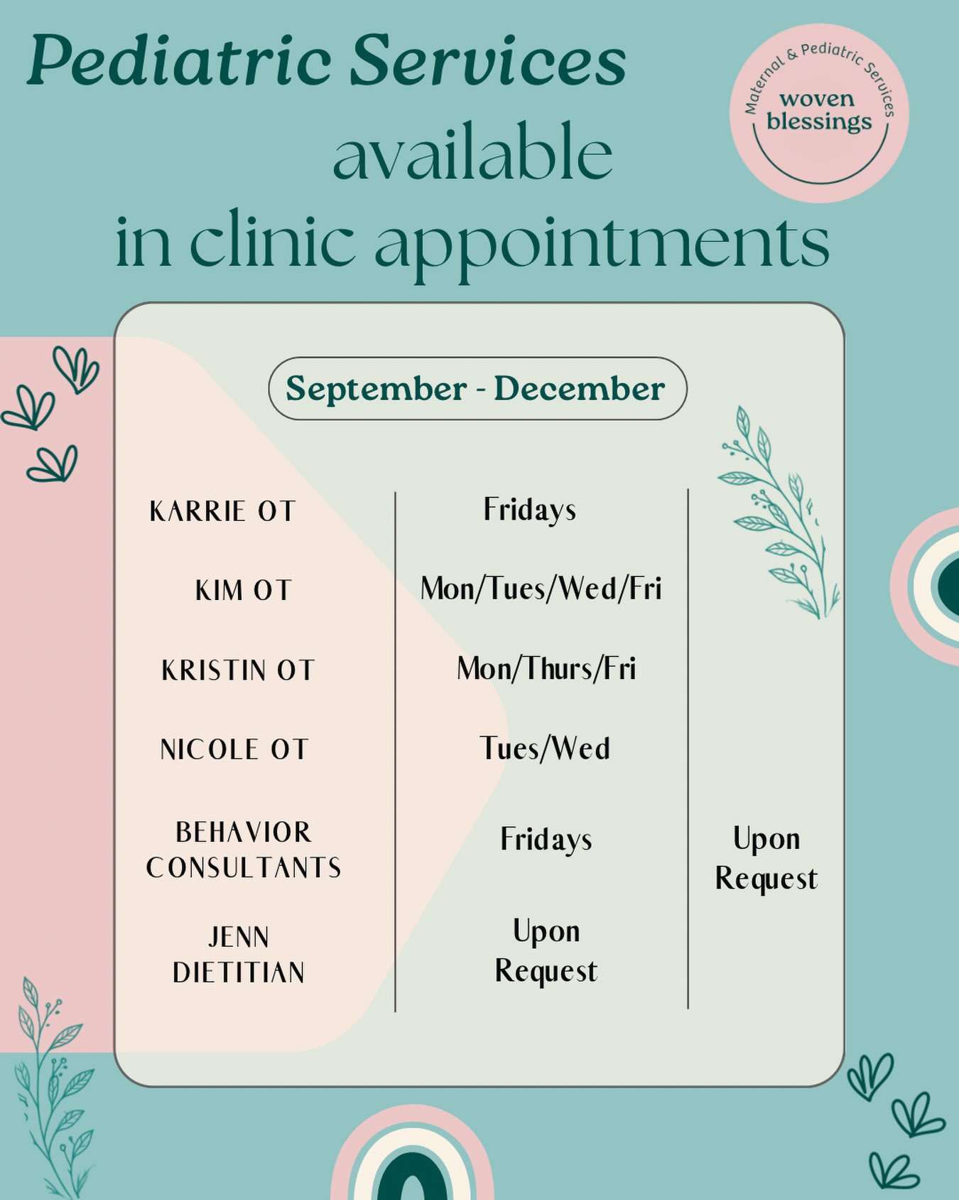 💜 Fall is here and we are ready to have your kiddos join us! Feel free to reach out via email or the website to book an appt!
www.wovenblessings.com