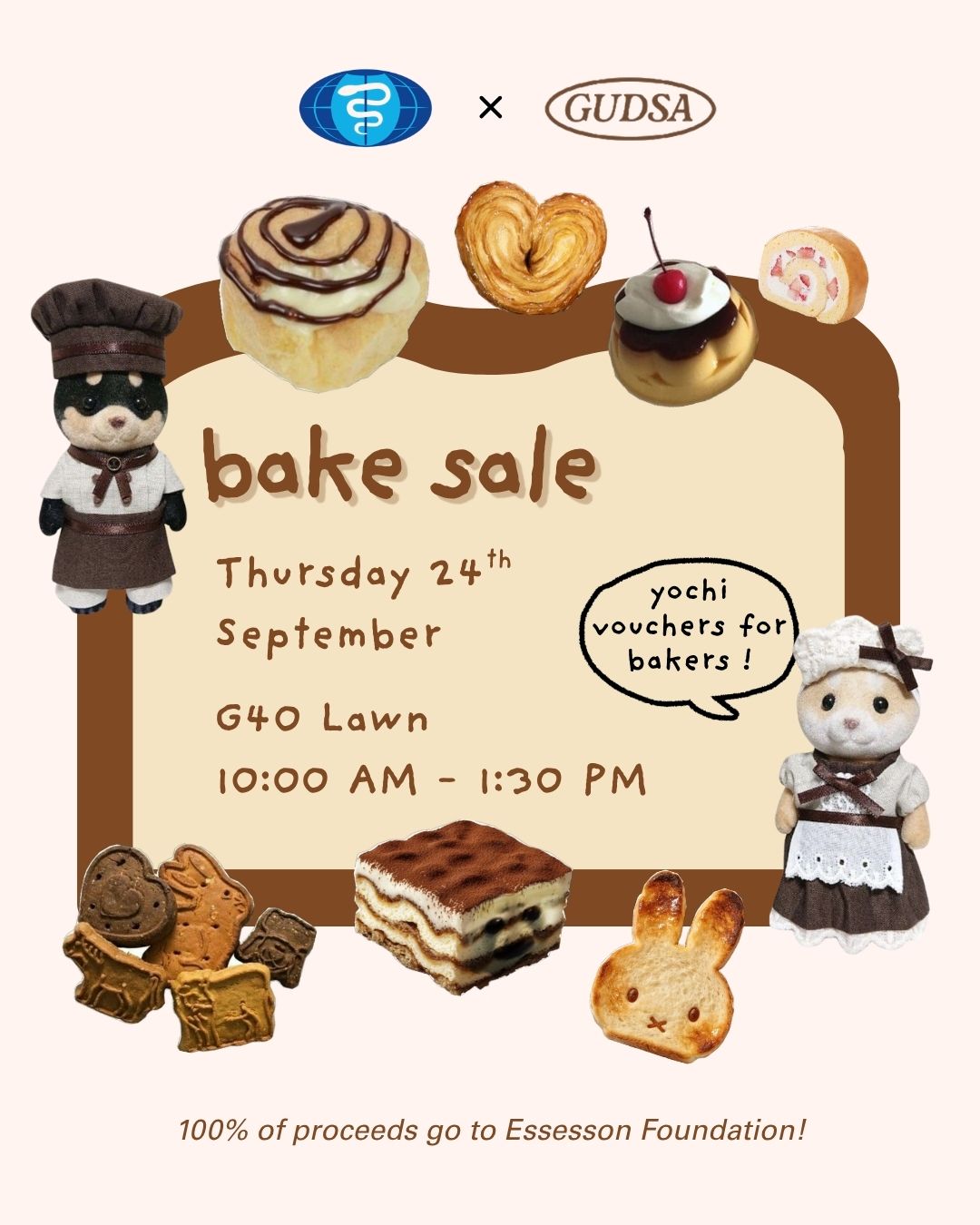 🍪 SWEET TREATS FOR A GOOD CAUSE 🧁
GUDSA x DPLA are teaming up again for our T2 Bake Sale, and we want you to join in! 🍰 Every dollar raised will support the Esesson Foundation.
Bring along something delicious - brownies, cookies, cupcakes, slices or any treat you love making. As a thank you, everyone who bakes will receive a Yo-Chi Voucher for taking part.
Prefer eating to baking? Come by on the day, pick up a treat and help us support a great cause!!
🗓️ Thursday 24th September
⏰ 10:00 AM - 1:30 PM
📍 G40 Lawn
🍓 Sign up to bake:
https://forms.gle/JiVZz2gFgsSaV5NBA
.design by @g.jsus