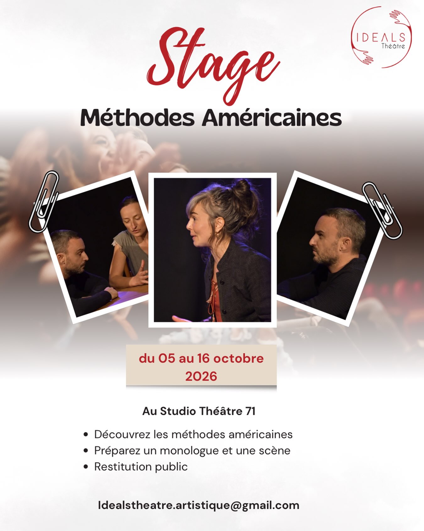Notre prochaine cession de formation Méthodes Américaines aura lieu au Studio Théâtre 71 (@studiotheatre71 ) du 5 au 16 octobre.
Possibilité de travailler vos scènes et monologues en anglais.
Formation animée par @samanthagrassian
Contactez-nous pour plus d’infos à idealstheatre.formation@gmail.com.
#acting #training #workshop #formation #artist