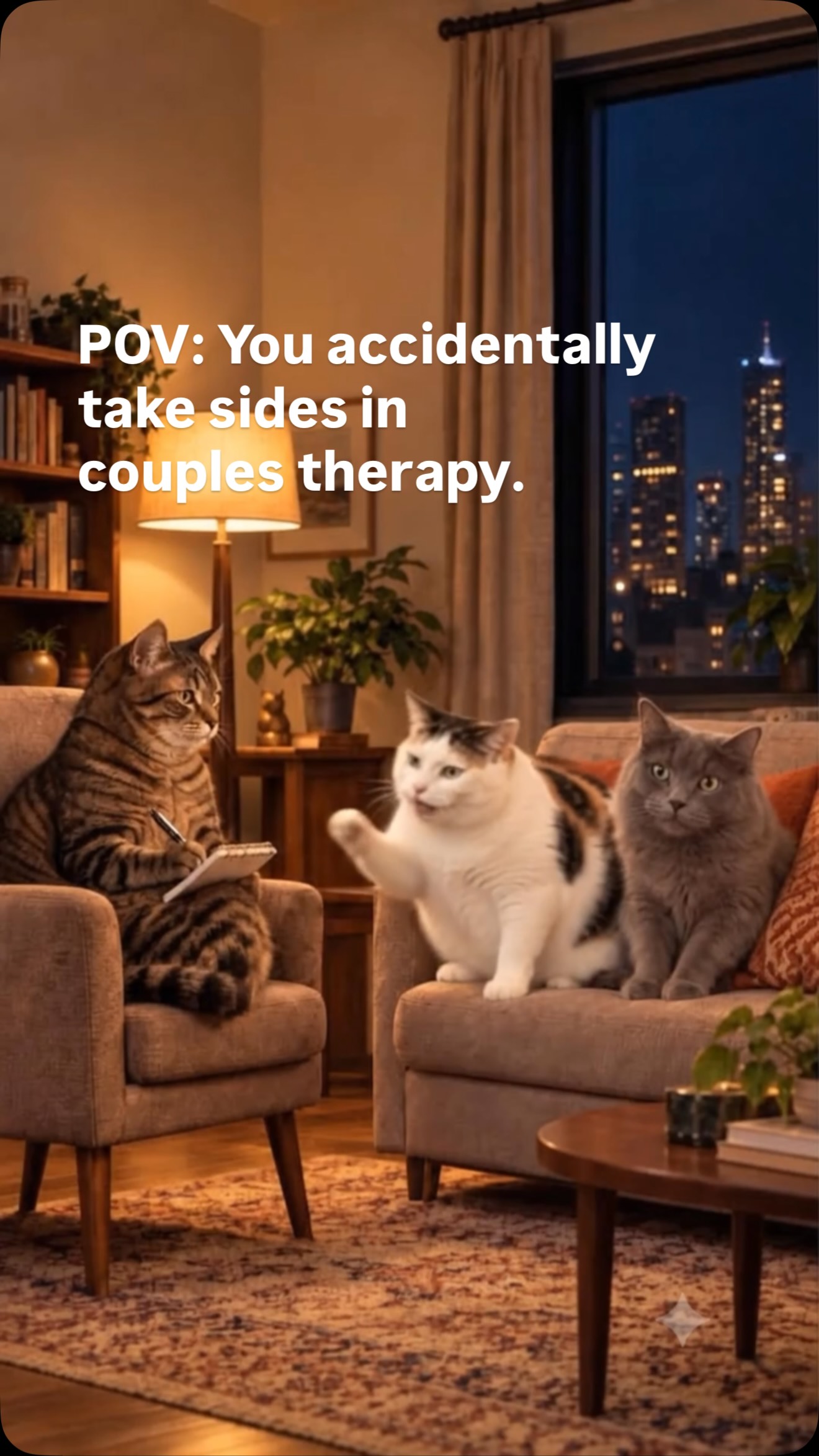 Couples therapists: sometimes the cycle doesn’t need exploring. It interrupts you and introduces itself. 👀
That brief moment when therapeutic neutrality needs a little extra supervision. 😂
Therapists, can you relate?
Follow @clinical_purrfectionist for more therapy-room moments that never make it into the progress notes.
Another completely ordinary day in Wong Siu Fu’s Therapy Room.
Created by Dr Pauline, Sydney, Australia.
Fictionalised therapy-room satire. No character represents an identifiable client. The feline characters are inspired by five very real cats whose behaviour causes their psychologist clinically significant distress on a daily basis.