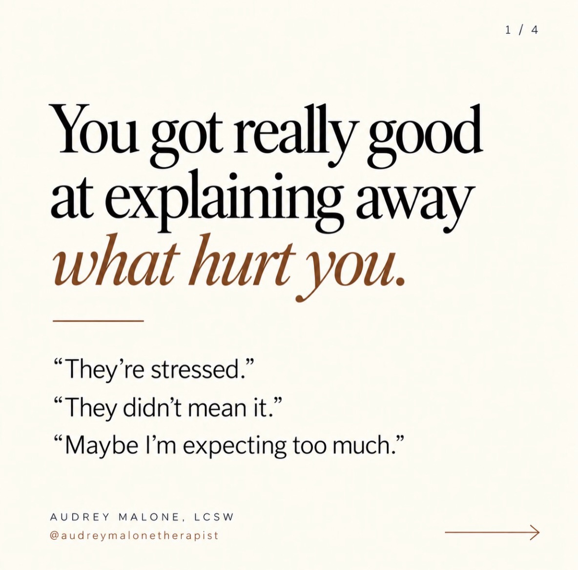 You can understand why someone behaves the way they do and still acknowledge that their behavior hurts you.
Sometimes we get so good at seeing the other person’s perspective that we stop listening to our own.
We explain.
We minimize.
We give another chance.
And somewhere along the way, we start questioning ourselves instead of the pattern.
Compassion is a beautiful thing. But compassion doesn’t require self-abandonment.
You’re allowed to understand someone—and still decide something doesn’t work for you.
Save this for the next time you catch yourself explaining away what hurts.
#relationships #traumahealing #peoplepleaser #compassion #healing
Audrey Malone, LCSW
@audreymalonetherapist