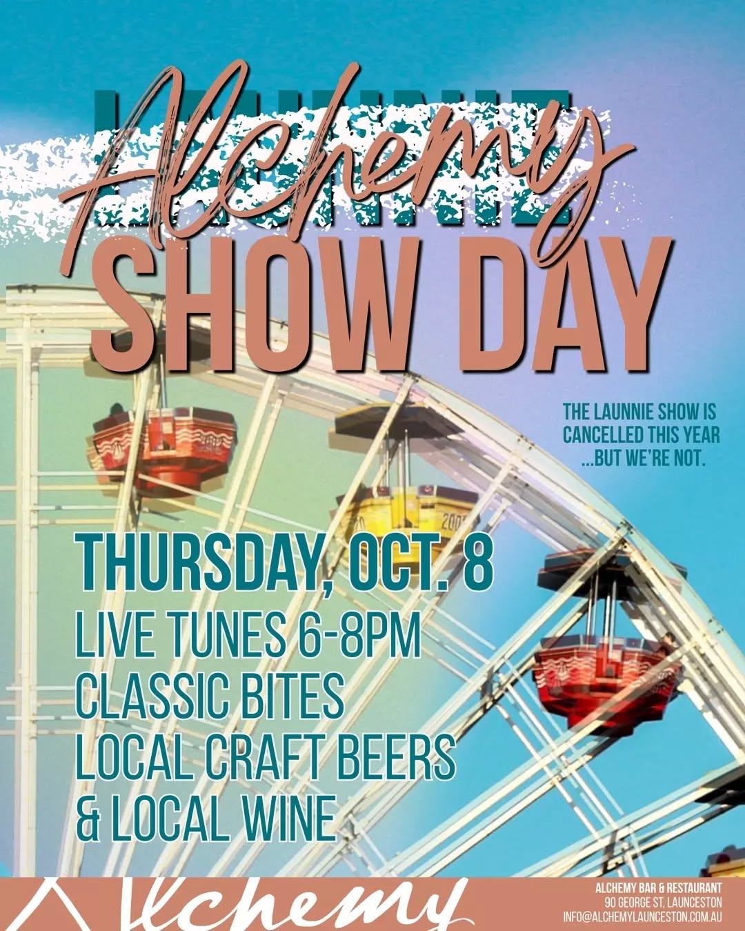 The Launnie Show might be cancelled this year, but we’re taking the day into our own hands. Join us for Alchemy Show Day! 🎡
We’re throwing open the doors from midday with live tunes setting the vibe from 6pm to 8pm. We've got your Show Day essentials sorted: classic bites, local craft beers, and local wines. Skip the carnival rides and treat yourself to the ultimate long lunch or evening unwind instead.
📍 Alchemy Bar & Restaurant, Launceston
⏰ Thursday, Oct 8 | Open from 12pm
🎶 @katerigbymusic & @sethhendersonmusic
Gather your crew and book your spot now via the link in our bio!