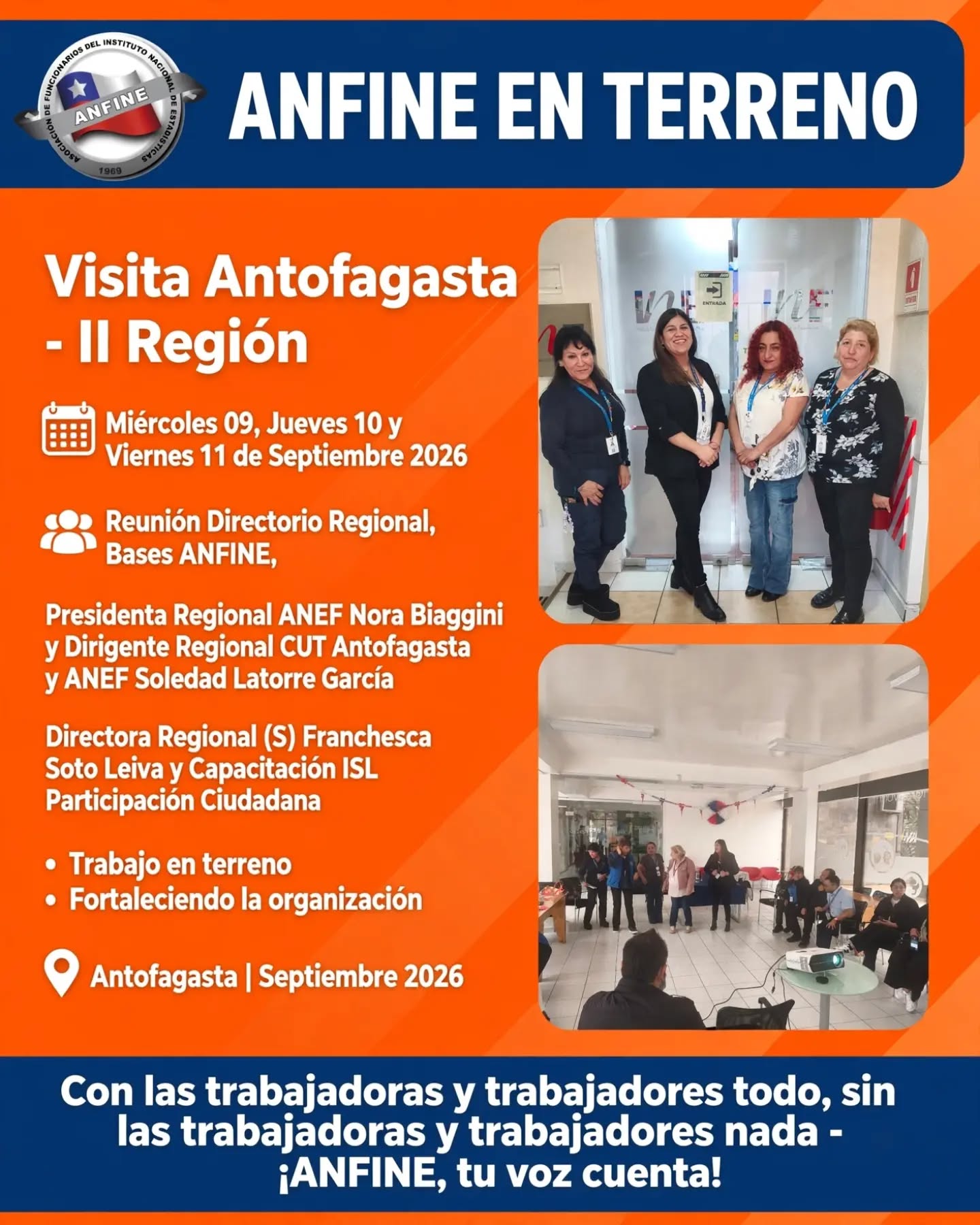 🧡 ANFINE EN TERRENO – II Región Antofagasta
Como Directorio Nacional de ANFINE, queremos agradecer a nuestras asociadas, asociados y dirigentas de Antofagasta, que hacen posible el despliegue en terreno.
Como ustedes saben, el día miércoles 09/09 sostuvimos en la mañana una reunión informativa vía remota con las y los dirigentes regionales de todo el país, cumpliendo nuestro rol de articulación nacional.
Posterior a eso, jornada PM del mismo miércoles 09/09, iniciamos oficialmente nuestra jornada en terreno con la Directiva ANFINE Antofagasta, dando inicio a nuestro programa en la región, conforme a Oficio N°04.
Durante nuestra estadía sostuvimos:
✅ Reunión con el Directorio Regional y Bases ANFINE
✅ Encuentro con Presidenta Regional ANEF Nora Biaggini y Dirigente Regional CUT Antofagasta y ANEF Soledad Latorre García – porque articular con ANEF en tiempos difíciles es la clave.
✅ Reunión con la Directora Regional (S) Franchesca Soto Leiva.
✅ Capacitación ISL Participación Ciudadana organizada por CUT Antofagasta.
✅ Participación en Esquinazo, organizada por la Administración del Edificio CORFO Antofagasta.
Gracias por la buena recepción a todas las direcciones regionales visitadas. El acercamiento directo con cada socia y socio es lo que fortalece nuestra organización.
Gracias a cada una y cada uno que fue parte.
Con las trabajadoras y trabajadores todo, sin las trabajadoras y trabajadores nada.
¡ANFINE, tu voz cuenta!
#ANFINE #ANEF #INE #CUT