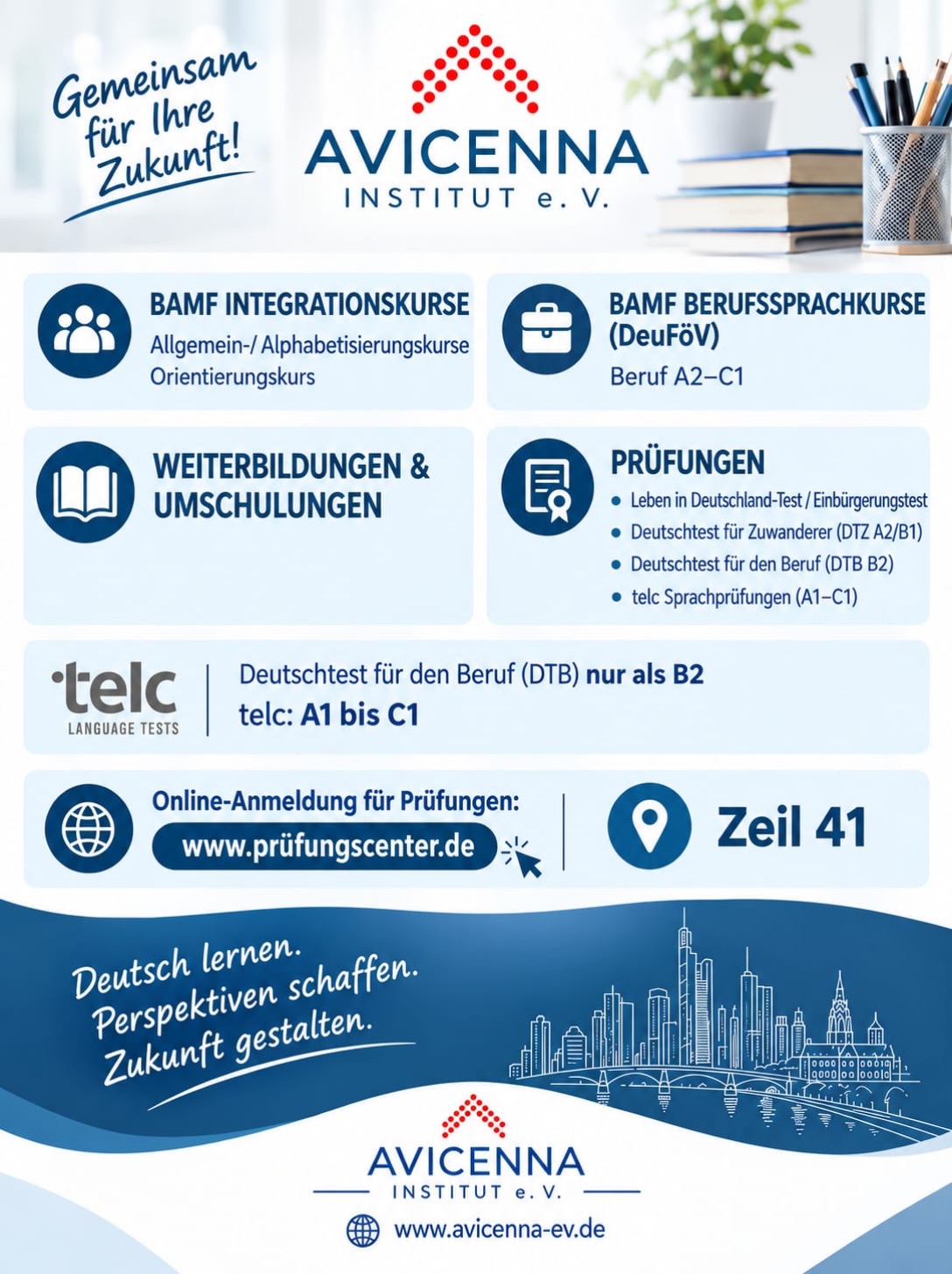 Von Integrations- und Berufssprachkursen bis hin zu Sprachprüfungen und Weiterbildungen – wir unterstützen Sie auf Ihrem Weg. 📚💙
👉 Entdecken Sie unsere Angebote und starten Sie gemeinsam mit uns in eine erfolgreiche Zukunft!
📍 Avicenna Institut e. V. | Zeil 41, Frankfurt
🌐 www.avicenna-ev.de
#avicennainstitut #deutschlernen #frankfurt #integrationskurs #deutschkurse