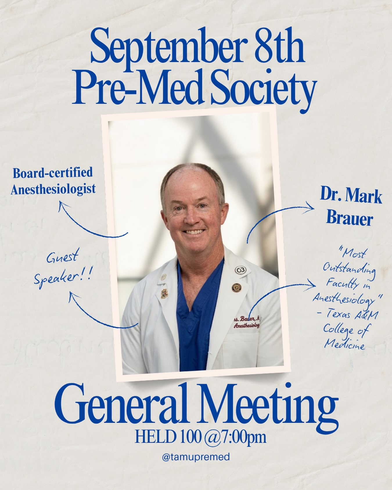 🩺 FIRST GENERAL MEETING OF THE SEMESTER! 🩺
Join us on Tuesday, September 8th, from 7–8 PM in HELD 100 for our first general meeting featuring Dr. Mark Brauer, a board-certified anesthesiologist!
Come learn about what it’s like to be an anesthesiologist and hear about all of the exciting upcoming events and opportunities the Pre-Medical Society has to offer!
📅 Tuesday, September 8th
⏰ 7–8 PM
📍 HELD 100
We hope to see you there!