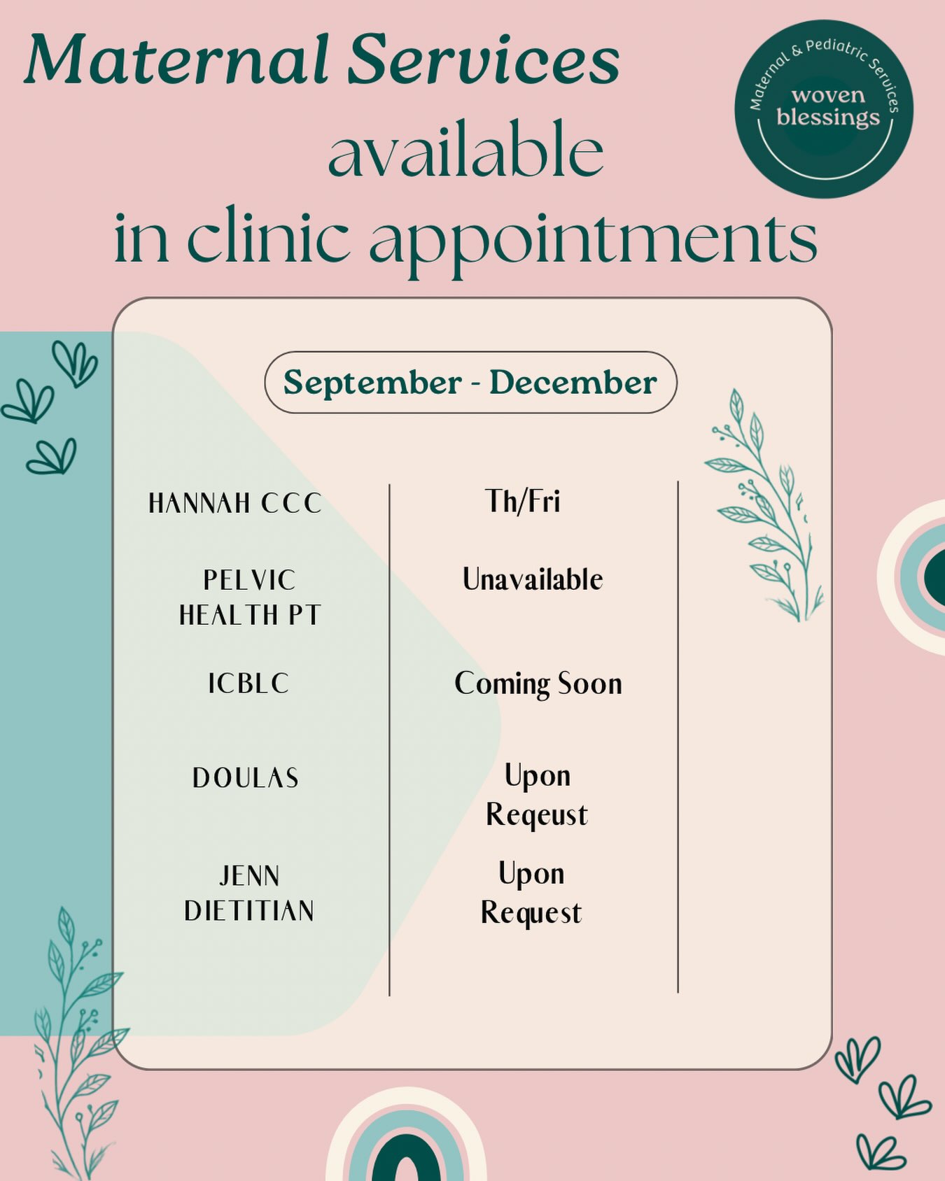 If you’ve been thinking about your pre or postnatal journey, allow us to help you navigate it💞. Check out our website or send us a message…we’d love to walk along the journey with you!
www.wovenblessings.com