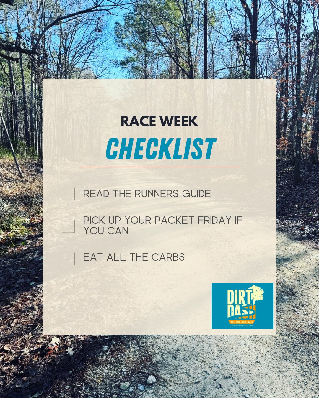 Here's your race week checklist + race weekend schedule!
Be sure to read the Runner Guide (linked in the bio and it's in your confirmation email from when you registered ✅) so you know what to expect on race day!
Registration closes WEDNESDAY AT NOON and there are 18 spots left sooo make sure your friends are signed up!
#palmettoultras #lowcountrytrailrunners #charlestonrunning #dirtdashrace