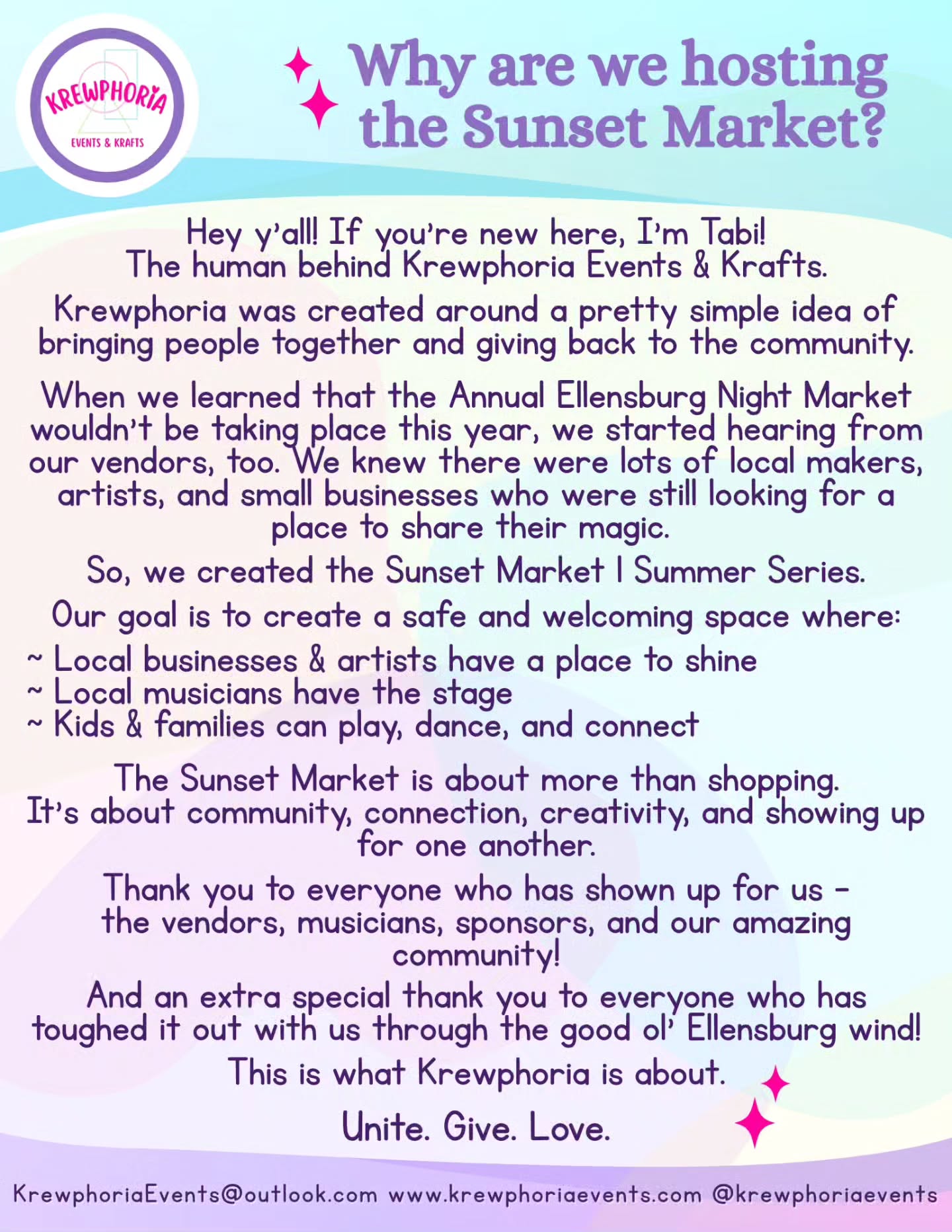 Hey y'all! I wanted to introduce myself to those of you who are new here! I've had so much fun hosting the Sunset Market and connecting with so many wonderful people in the Ellensburg community. ๐ฅฐ
Thank you to everyone who has supported Krewphoria Events so far. Whether it be by attending our events or helping spread the word through voice or social media, there is so much gratitude for the support coming from this town.
Thank you for helping Krewphoria grow. ๐ซถ๐
.
.
.
#KrewphoriaEvents #KrewphoriaKrafts #SunsetMarketSummerSeries #EllensburgNightMarket #UniteGiveLove