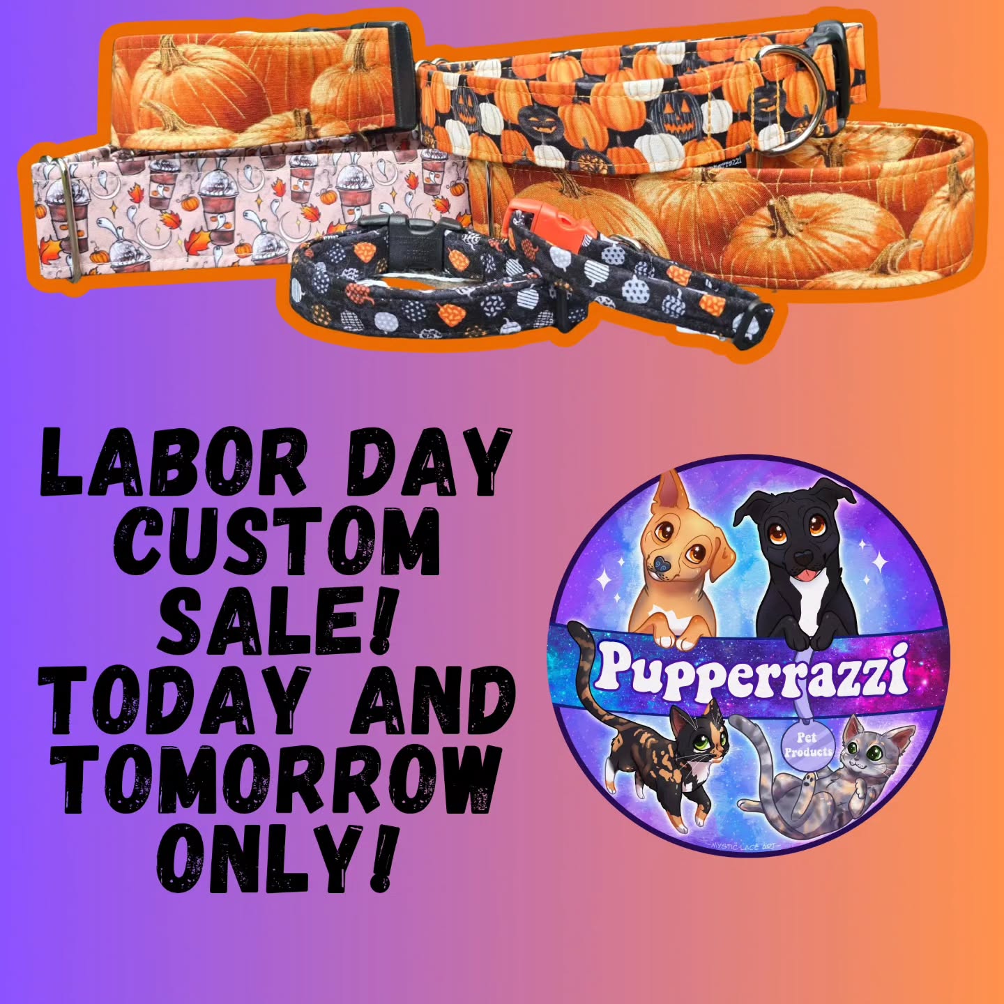 I am offering the premade pricing (which is a few dollars cheaper than placing a custom order on my website) for any custom orders placed today or tomorrow! I recently uploaded all my halloween/fall fabrics into an album in the VIP group. I will also upload a bunch to my stories for the IG customers. I highly recommend checking out the album and placing a custom order today with premade pricing! I dont get a lot of each fabric, so that I can offer many options. So order now before I run out! Halloween stuff goes QUICK!
Link for custom orders at sale price: https://www.pupperrazzi.com/product-page/labor-day-custom-sale?variantId=f3c06f55-f628-4118-8042-c30642e3800e
You can order any fabric you want, but if you're looking for Halloween, get the order in now.
Depending on how many orders result from this sale, turn around time will be 1-2 weeks for the custom orders.
Premade pricing:
1/2" collars: $15
3/4" collars: $18
1" collars: $22
1.5" & 2" collars: $25
Cat Harnesses: $25
Mystery Fall/Halloween Cat Kicker: $6
Mystery fall/halloween Cat toy pack: $15 (1 kicker, 4 pillows)
Shipping: usually around $7