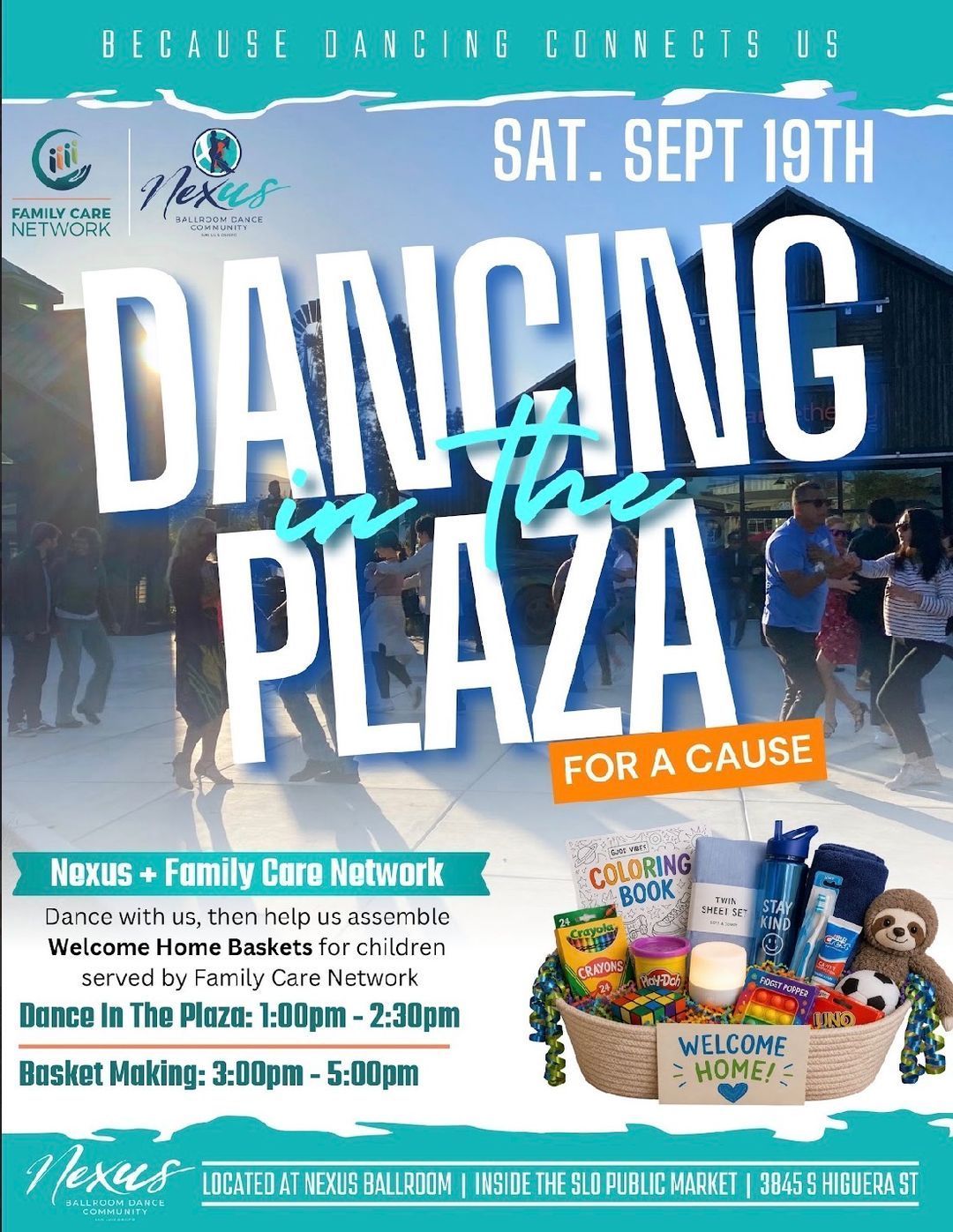 Saturday, September 19th, we're teaming up with @familycarenetwork for something special. 🎉
1:00-2:30pm → Dance in the Plaza (no experience needed, just show up!)
2:30-5:00pm → Stick around and help us build Welcome Home Baskets for kids served by Family Care Network
Click the link in bio to donate sign up to donate!
Come for the dancing, stay for the cause. Bring a friend, bring your kids, bring your two left feet, all of it works here.
📍 Nexus Ballroom, inside the SLO Public Market (3845 S Higuera St)
Because Dancing Connects Us. 💃🕺