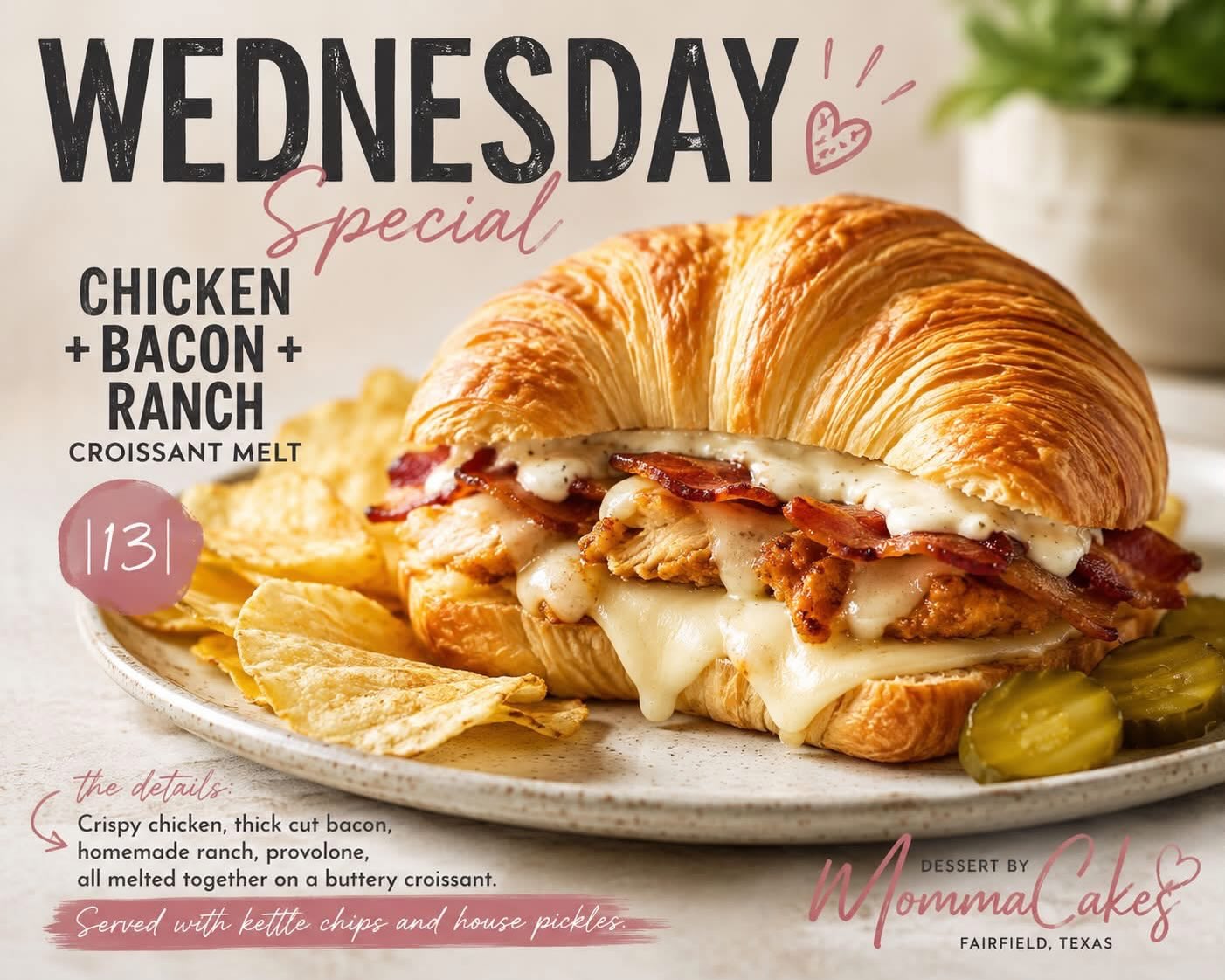Y’all… THIS is the kind of sandwich that makes you forget every other restaurant exists. 🤤🔥🥐
Our CHICKEN + BACON + RANCH CROISSANT MELT is here to ruin all other sandwiches for you. 😍😍😍
✨ Crispy, golden chicken 🍗
🥓 Thick-cut bacon
🤍 Homemade ranch
🧀 Melty provolone
🥐 All tucked inside a BUTTERY, FLAKY CROISSANT!
And because we love you… we’re serving it with kettle chips & house pickles! 🥔🥒
That first bite? The crunch. The ooey-gooey cheese. The bacon. The ranch. The buttery croissant. 😭🤤🔥
$13 OF PURE SANDWICH HEAVEN! 💗
Seriously… why go anywhere else today when THIS is waiting for you at Dessert by MommaCakes?! 😏🍽️
📍 Come see us in Fairfield, Texas!
🏃♀️ Dine in or grab it to go!
🚗 Can’t make it in? We deliver!
⚠️ Don’t wait until lunch rush to decide. Your taste buds already made the decision. 😂🔥
WHO’S GETTING THEIRS TODAY?! 🙋♀️🙋♂️
#DessertByMommaCakes #WednesdaySpecial #ChickenBaconRanch #FairfieldTexasEats #WorthTheDrive