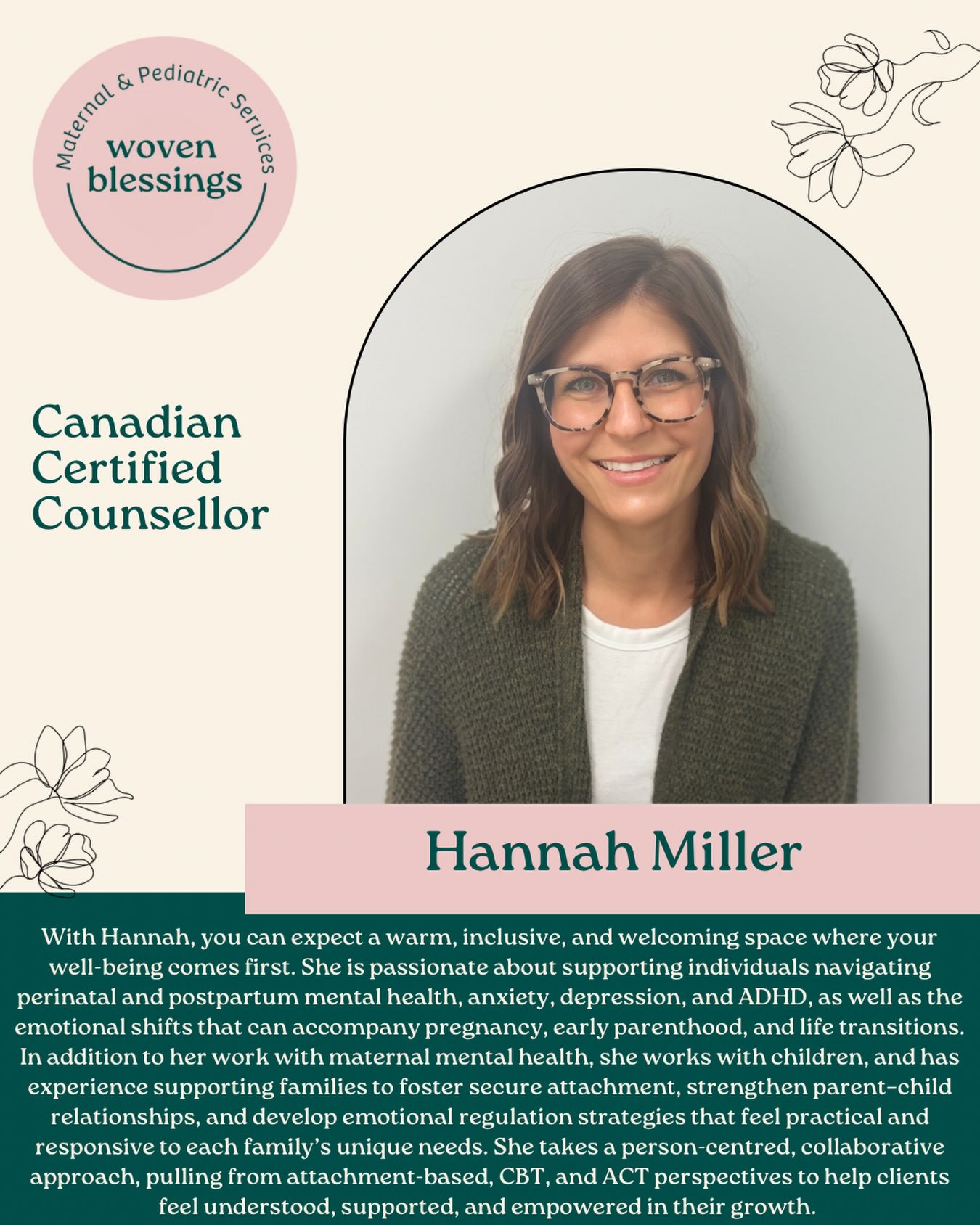 🌺 Meet Hannah! She brings such a warm and caring presence to our team. She is passionate about supporting women and families as they navigate their prenatal and postpartum journey, offering guidance, encouragement, and a safe space to feel supported along the way. 🤍
📅 Hannah is currently accepting new clients on Thursdays and Fridays!
Interested in connecting with Hannah? Head over to our website and complete the Adult Inquiry Form, and she’ll be in touch with you soon.
We’re so grateful to have Hannah as part of the Woven Blessings family! 💕
