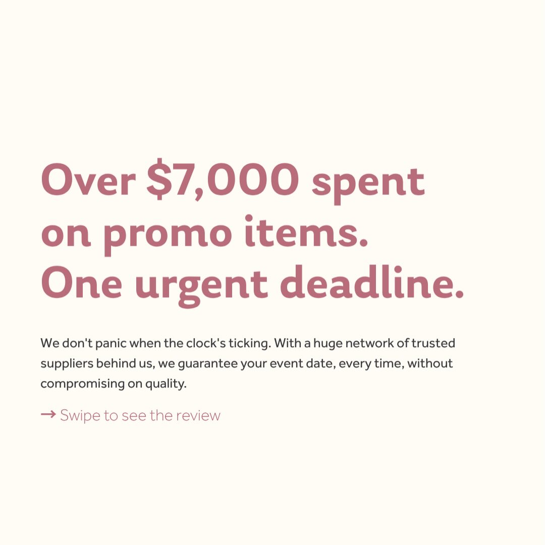 A client came to us with an urgent event deadline and over $7,000 worth of promo items to sort. No pressure, right?
We don’t mess around when the clock’s ticking. We’ve been in the merch game since 2008, and in that time we’ve built a huge network of trusted suppliers. That’s what lets us guarantee your event date, every time, without cutting corners on quality.
Angela found that out firsthand. Swipe to see what she had to say. ⭐⭐⭐⭐⭐
Got an event with a deadline? Send us a DM. Let’s get you sorted