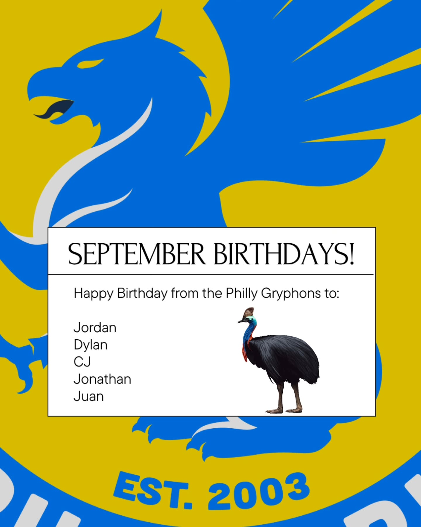 Happy birthday to all of our September Gryphons! Best wishes to Jordan, Dylan, CJ, Jonathan, and Juan! We hope that you all have awesome birthdays! #Rugby #Pride #GrowTheGame