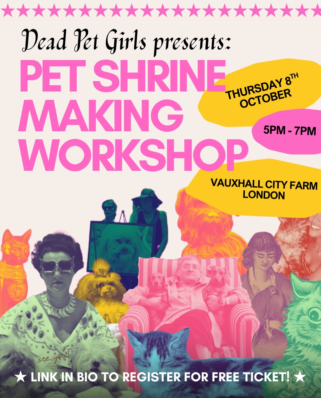 🚫 SOLD OUT - NEW EVENT SOON
✨Dead Pet Girls IRL ✨
As part of @forarthistory’s annual Art History Festival we are hosting a free shrine making workshop at @vauxhallfarm. Come learn about the history of home shrines in the context of folk art while making your own with us 🐶 🎨 🐱
Materials, instructions and information will be provided but bring your own photos or other memorabilia specific to your pets 💖
Spots are very limited so register now for your free ticket!