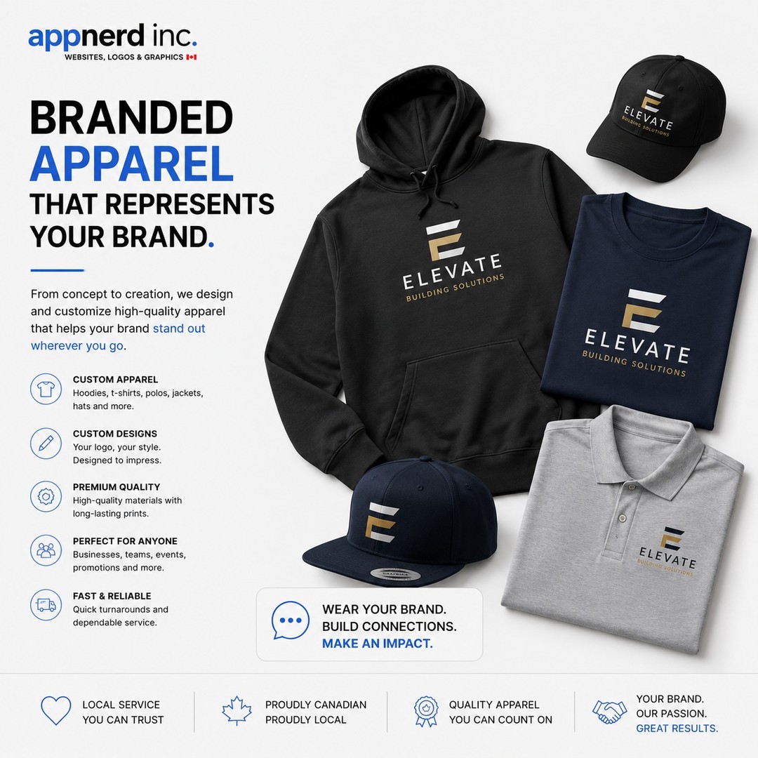 👕 Your team is part of your brand. Dress like it.
Every customer interaction is an opportunity to make a great first impression.
Whether you're meeting clients, working on-site, attending an event, or representing your business in the community, professionally branded apparel helps your team stand out and builds confidence in your brand.
At AppNerd Inc., we create high-quality custom apparel that's designed to showcase your business with style, professionalism, and lasting quality.
✨ We offer:
👕 T-Shirts & Polos
🧥 Hoodies & Jackets
🧢 Hats & Toques
👜 Tote Bags & Promotional Apparel
🧵 Premium Embroidery & Printing
🎨 Custom Designs Tailored to Your Brand
🇨🇦 Proudly Canadian. Proudly Local.
Every order is designed and decorated locally with attention to detail, premium materials, and personalized service from start to finish.
Whether you're ordering apparel for your employees, a sports team, a special event, or promotional giveaways, we'll help create products your team will be proud to wear and your customers will remember.
Because great branding doesn't end with your website.
It walks through your front door every morning.
📩 Ready to outfit your business? Contact AppNerd Inc. today for a FREE quote.
#BrandedApparel #CustomApparel #BusinessBranding #CorporateWear #CompanyUniforms