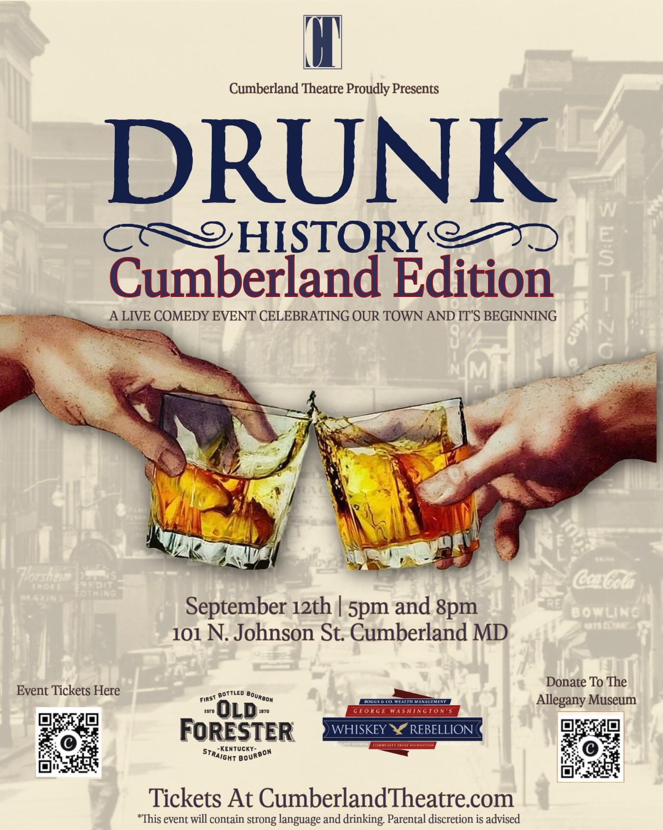 Drunk History: Cumberland Edition
History is about to get a little… drunk.
Cumberland Theatre proudly presents Drunk History: Cumberland Edition, a live comedy event celebrating the colorful characters, outrageous stories, and unforgettable moments that helped shape Cumberland and Allegany County.
Inspired by the hilariously unconventional way of telling history, our storytellers will take the stage after enjoying a few adult beverages and attempt to recount some of Cumberland’s most fascinating local tales. Expect questionable accuracy, unexpected detours, plenty of laughs, and a whole new appreciation for the people and events that made our town what it is today.
Tickets are only $5 and are available online at cumberlandtheatre.com , or at the door the day of!
Shows are both on September 12th with one at 5pm and one at 8pm.
Come for the history. Stay for the bourbon. Laugh at what happens when the two collide.
Please note this event will contain strong language throughout. Parental guidance is advised.
#DrunkHistory #Fundraiser #theatre #LiveTheatre #DMVEvents