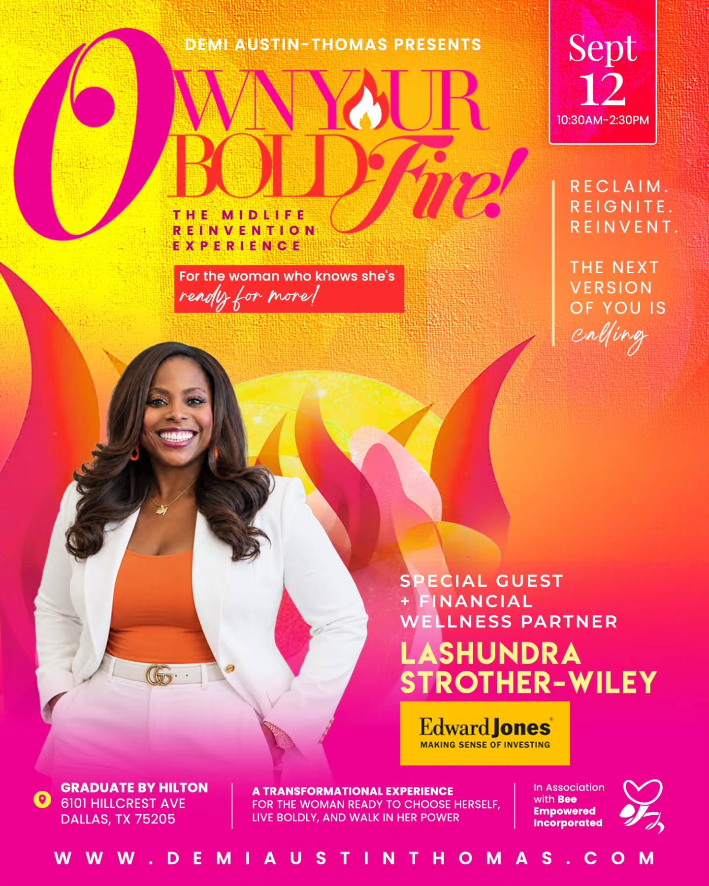 Your next chapter needs more than a vision. It needs a financial conversation, too. 💰🔥
And we’re bringing her BACK!
After joining us for Sizzle Social Night, I’m so excited to welcome LaShundra Strother-Wiley of Edward Jones back—this time as a Special Guest + Financial Wellness Partner for the Own Your Bold Fire Midlife Reinvention Experience.
Because when we talk about reinventing life in midlife, MONEY has to be part of the conversation.
LaShundra will be bringing us a real and important conversation around 5 Money Mistakes Women Make and what we need to be thinking about financially as we navigate this season of life.
Whether you’re preparing for retirement, rebuilding after a life transition, rethinking your financial priorities, or simply realizing it’s time to become more intentional about your financial future—this conversation belongs in the room.
And I’m incredibly grateful to Edward Jones for continuing to partner with us and helping bring financial wellness into the larger conversation of what it means to redefine life in midlife.
Because we’re not just asking, “Who am I now?”
We’re also asking, “What do I want next—and am I preparing for it?”
🔥 Own Your Bold Fire Midlife Reinvention Experience
September 12 | Dallas
We’re FOUR DAYS away, Sizz. There’s still time to get in the room.
DM for the Discount Code!
#OwnYourBoldFire #MidlifeReinvention #WomenAndMoney #FinancialWellness