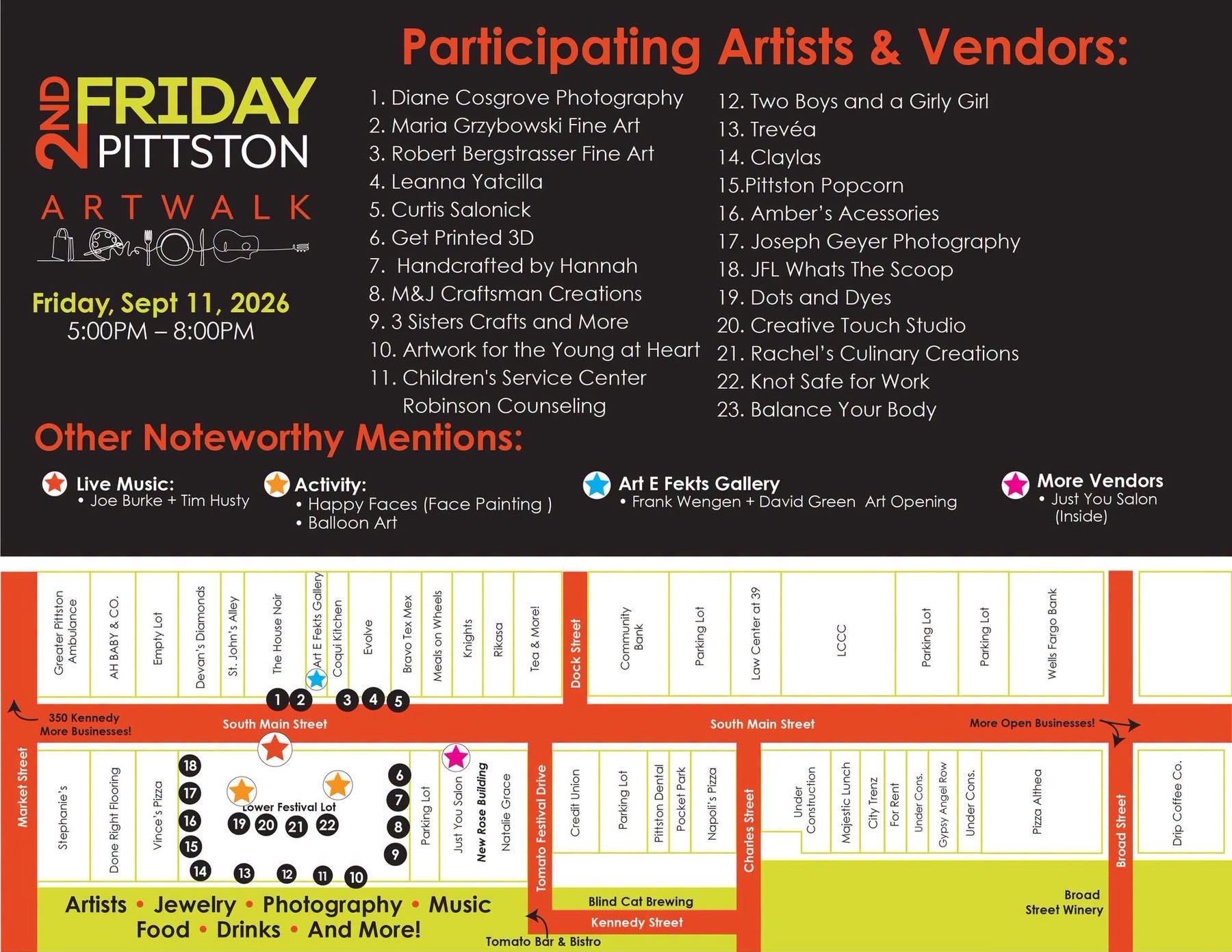THIS FRIDAY in Downtown Pittston!
Join us Friday, September 11th from 5PM–8PM for the final Second Friday Art Walk of 2026!
Spend the evening exploring downtown as local artists and makers showcase and sell their work, while our downtown businesses offer exciting deals and specials to help us cap off the summer season in Pittston.
Enjoy live music from Justin Burke and Tim Husty, and be sure to stop by Art E Fekts Gallery for an exciting new art opening!
There’s plenty to see, shop, listen to, and enjoy — so come downtown, appreciate the arts, support local, and make a night of it in the best downtown in NEPA!