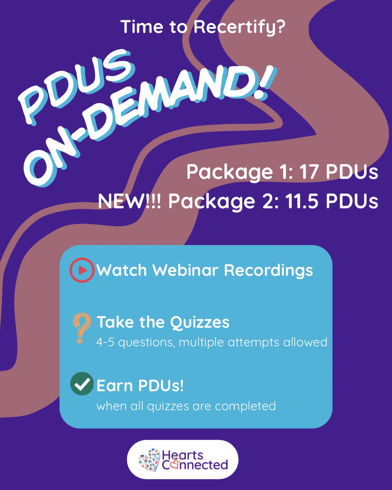 Attention Certified Child Life Specialists!
In this recertification year, the deadline to recertify through PDUs is October 31st!
HeartsConnected has on-demand webinars from 2020-2022, equating to a total of 17 PDUs, and a NEW package from 2023-2026 equating to 11.5 PDUS! Each quiz is 4-5 questions long, and you have multiple attempts. We hope these packages are helpful to you during the recertification process!
Click the link in our bio for more info about our PDU packages!
#childlife #childlifespecialist