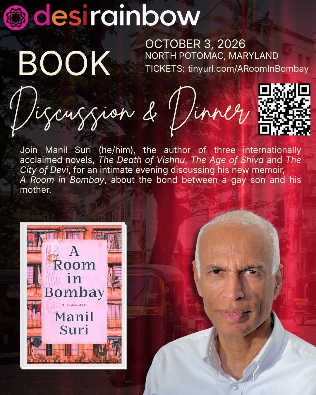 Book Discussion and Dinner with author Manil Suri!
⏰ When: Saturday, October 3 at 4:00 PM
📍 Location: North Potomac, Maryland
🔗RSVP: https://tinyurl.com/ARoomInBombay (linktree in bio)
🌈Desi Rainbow invites you to an intimate evening of intergenerational discussion and understanding with the acclaimed author @manilsuri at a Desi Rainbow family home. Enjoy dinner and a enriching discussion on how LGBTQ+ Desis navigate family relationships. Only 50 spaces available, so get your tickets ASAP!
📕Manil will talk about his new memoir, A Room in Bombay, which explores how sexuality plays out in Indian families, while delving into the difficult question of how much to prioritize our parents’ happiness over our own. Inspired by over 2,700 letters the author wrote home over three decades, it is ultimately a testament to the abiding, unbreakable bond between a gay son and his mother.
🗣️Manil Suri (he/him) is the author of the memoir, A Room in Bombay, three internationally acclaimed novels, The Death of Vishnu, The Age of Shiva and The City of Devi, and a book on popular mathematics, The Big Bang of Numbers. His work has been longlisted for the Booker Prize, shortlisted for the PEN/Faulkner, Lambda Literary, and PEN/E.O. Wilson Literary Science Writing Awards, and won the McKittrick Prize and the Barnes & Noble Discover Award, among others. He has served as a contributing opinion writer for the New York Times and is an emeritus professor of mathematics at the University of Maryland, Baltimore County. He lives with his husband in Silver Spring, MD.
🌈Desi Rainbow Parents & Allies is a non-profit organization serving an intergenerational community of South Asian LGBTQ+ folks and their families with support, education and advocacy. We envision a world where diversity of gender and sexuality is affirmed and celebrated by everyone in the Desi Diaspora and beyond! We strive to foster understanding and acceptance among families, with the goal of affirming and celebrating our LGBTQIA+ loved ones.
#bookdiscussion #books #booklover #aroominbombay #memoir #bookstagram #queerdesi #gay #caregiving #maryland #DMV