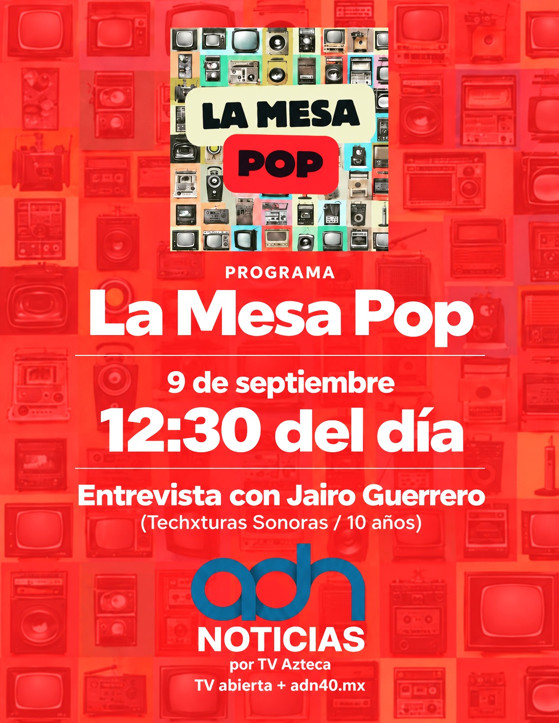 Les cuento que estoy muy emocionado porque mañana llego a ADN40 Mx de TV Azteca para hablar de Techxturas Sonoras.
De todo lo que ha sido este recorrido de construcción de diálogo entre la memoria literaria de México y la música electrónica, y de esta nueva narrativa volcada hacia mujeres poetas mexicanas, con la intención de traer sus voces desde el pasado al escenario presente.
Y, por supuesto, también estaremos hablando del recital con el que Techxturas Sonoras celebra diez años, el próximo 24 de septiembre en el Teatro Casa de la Paz UAM, al que, por cierto, están invitadísimos.
Les dejo aquí la liga para que encuentren más información y puedan adquirir sus boletos.
https://teatrocasadelapaz.uam.mx
o busquen el Link en la BIO
