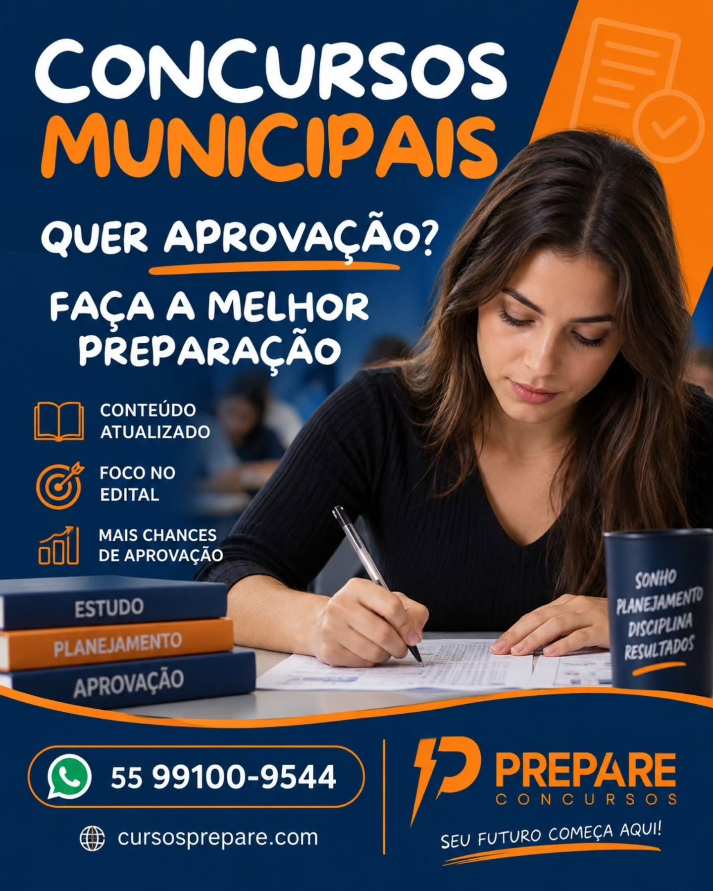 Quer garantir a sua vaga nos concursos municipais e conquistar a tão sonhada estabilidade? O segredo para a aprovação está em uma preparação estratégica e focada no que realmente importa.
Conteúdo atualizado e direcionado para as exigências da sua prova.
Foco total no edital, otimizando o seu tempo de estudos.
Metodologia focada em mais chances de aprovação.
Especialista em Bancas como a Fundatec, Legalle Objetiva, La Salle e outras.
O seu futuro começa agora. Entre em contato com a Prepare Concursos e comece a estudar com quem entende de aprovação:
WhatsApp: (55) 99100-9544
Site: cursosprepare.com
#ConcursosMunicipais #PrepareConcursos #Estudo #Planejamento #Aprovação ConcursoPublico