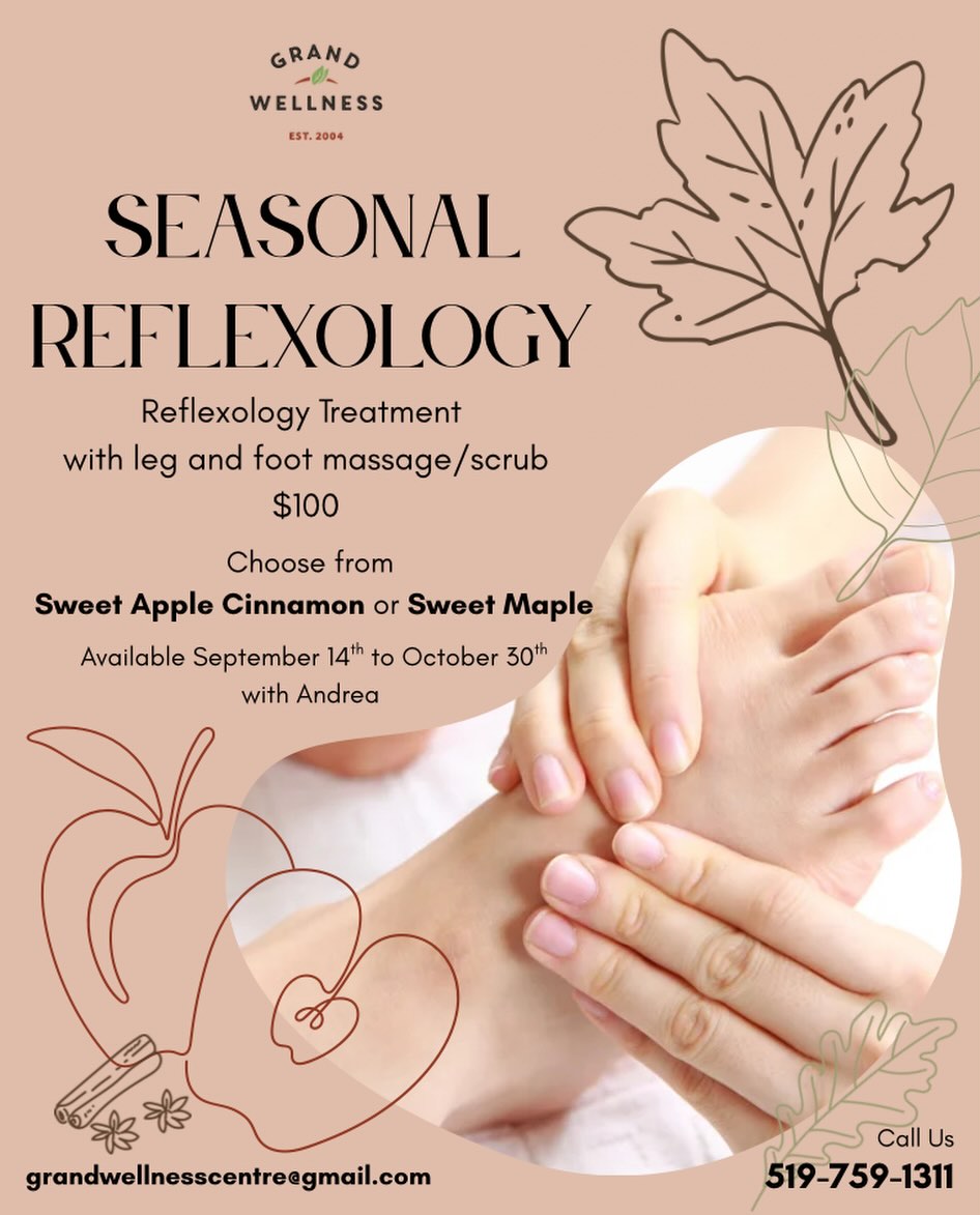 Seasonal reflexology with leg/foot scrub $100
Available September 14th to October 30th
With Andrea
Sweet Apple Cinnamon foot scrub ❤️🍏🍎
Gently removes dead skin cells while providing a warm, comforting sensory experience.
Cinnamon provides a mild warming effect that stimulates circulation in tired feet. Increased blood flow helps soothe sore muscles and tension after a long day of standing.
Sweet Maple foot scrub🍁🍂
Gently exfoliates dead, rough skin while infusing natural moisture into your soles and heels. Maple and salt crystals act as natural physical exfoliants to buff away hardened calluses, peeling skin, and dry patches. Maple salt and syrup contain humectants that draw moisture deep into the skin layers rather than just offering surface-level conditioning.
Call us today to book (519) 759-1311