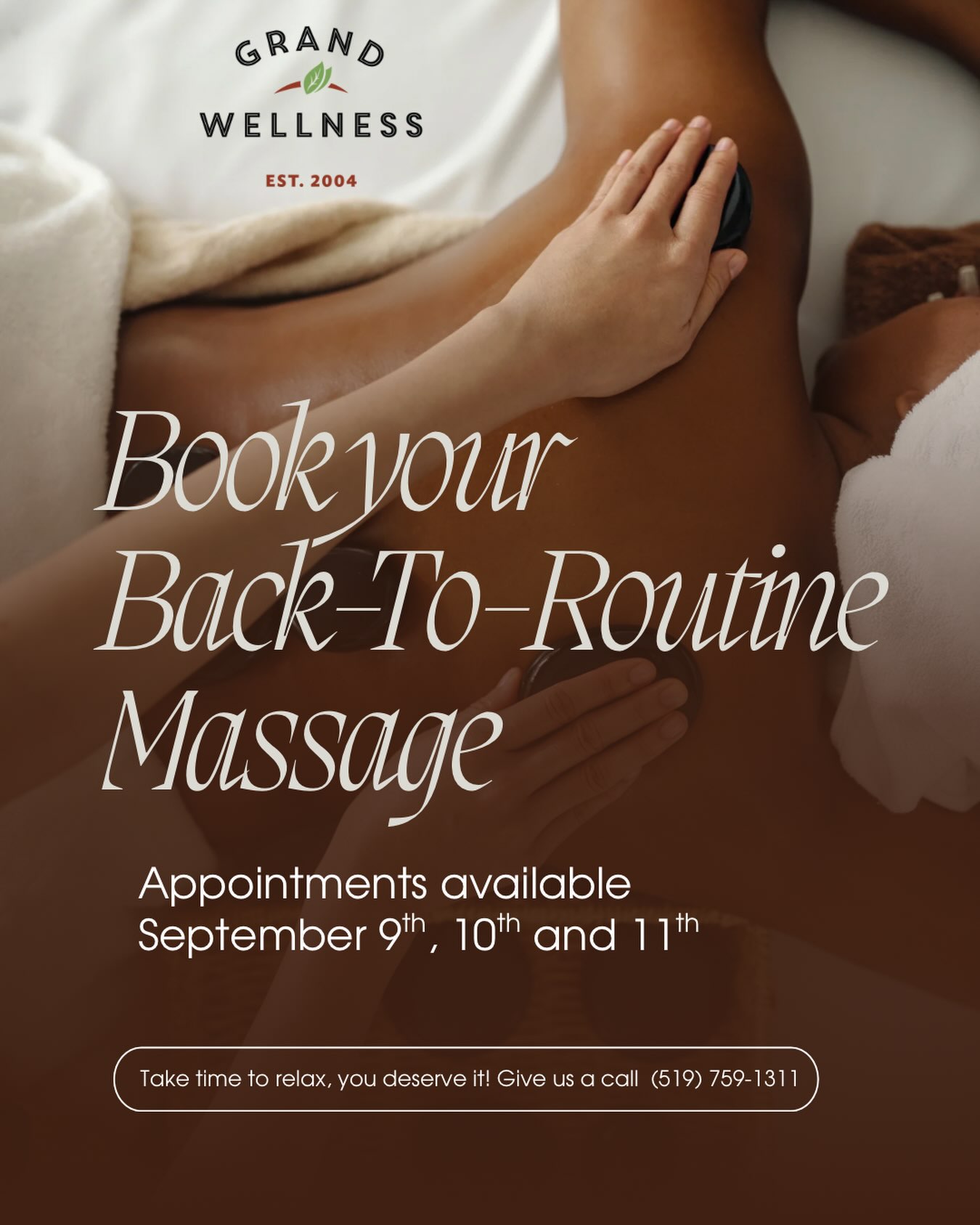 🍂 BACK-TO-ROUTINE MASSAGE 🍂
Summer fun is winding down, schedules are getting busier, and it’s time to get back into a routine.
Between work, school, activities and everything in between, your body can start carrying the stress of it all. Consider this your reminder to pause, reset and give yourself a little TLC. 🤍
Our Back-to-Routine Massage is the perfect way to ease back into your regular schedule feeling relaxed, refreshed and ready for whatever fall brings.
Call or email to book in your treatment with us!
☎️ 519.759.1311
📧 grandwellnesscentre@gmail.com
#grandwellness #brantfordontario #registeredmassagetherapy #backtoroutine #selfcare