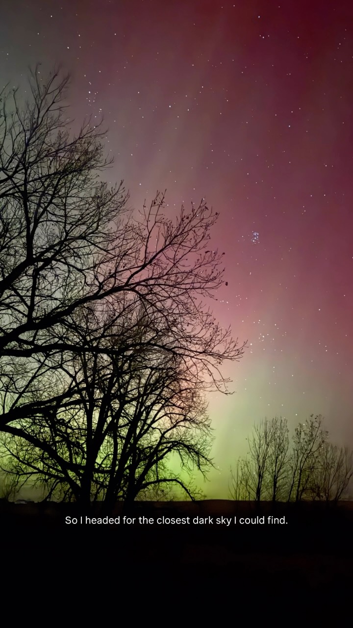 Sometimes the sky doesn’t give you enough warning to go find the perfect location.
The aurora intensified pretty quickly this night, and I knew I didn’t have time to drive hours chasing some epic foreground. So I grabbed my gear and headed for one of the closest dark areas I could think of with enough interesting features to work with. So we landed ourselves at Orman Dam, or what we like to call it, Cabo San Orman Dam Lucas 🪇😂 which gave me some open sky and a whole lot of tree silhouettes. Personally was just grateful I wasn’t witnessing these lights from a Walmart parking lot because that seems to be a trend every time the sky pops off intensely 🫠 Out here working with what I have and seeing what I can create.
The reds were especially wild that night. The different colors we see in the aurora are actually caused by charged particles from the Sun interacting with gases in Earth’s upper atmosphere. Green is typically the color we see most often. Generally comes from oxygen lower in the auroral region, while those deep reds can come from oxygen much higher in the atmosphere.
So when a storm gets strong enough to start filling the sky with reds AND greens like this, I’m probably going outside! No grand destination required.
And apparently after a while, my husband and I decided the foreground needed a couple of human-shaped trees too. 💁🏼♀️
These aren’t necessarily the big hero images of “After Dark,” but nights like this are very much part of the story behind it. The chasing, experimenting, documenting and simply getting outside to see what the sky decides to do!
#northernlights #auroraborealis #landscapephotographer #southdakotaphotographer