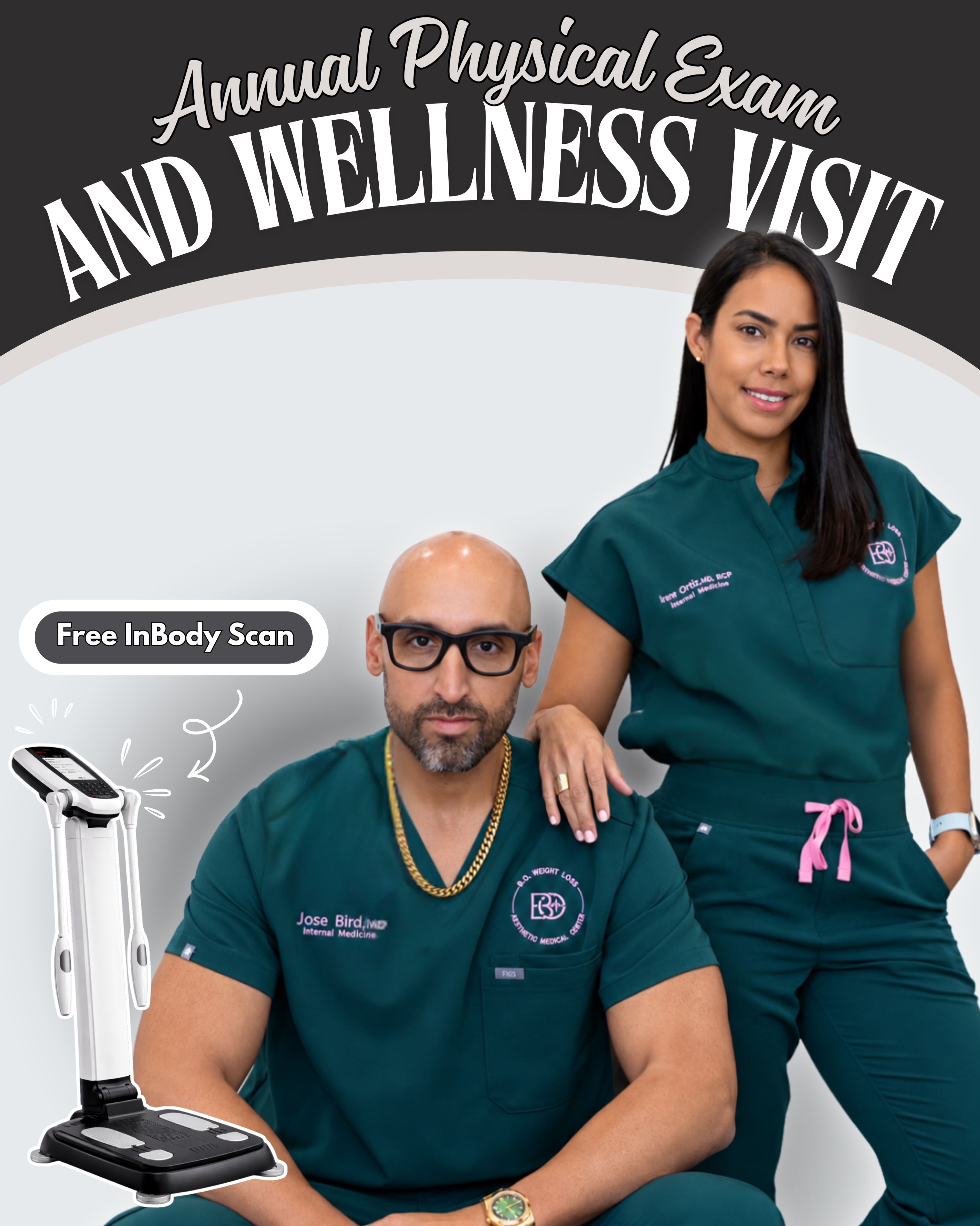 YOUR ANNUAL PHYSICAL IS MORE THAN A CHECKUP—IT’S A PLAN FOR BETTER HEALTH.
Take a proactive step toward long-term wellness at BO Medical Center in Jacksonville, FL.
During your Annual Physical Exam and Wellness Visit, our medical team can review your health history, order routine laboratory testing, determine whether an EKG is appropriate, and coordinate preventive screenings such as mammograms, Pap smears, and colonoscopies when recommended.
🎁 COMPLIMENTARY INBODY SCAN WITH YOUR ANNUAL VISIT
Receive valuable information about your:
• Body fat percentage
• Muscle mass
• Visceral fat
• Hydration levels
• Overall metabolic health
This valuable data helps our medical team provide more personalized recommendations for your health and wellness goals.
Next Pap Clinic: October 7
Preventive care. Personalized guidance. Real health data.
📞 Call 904-467-4431 to schedule your appointment today.
BO Medical Center
Jacksonville, Florida
Inspire Change
Screenings and testing are ordered when clinically appropriate. Complimentary InBody Scan is included with the completed annual visit.