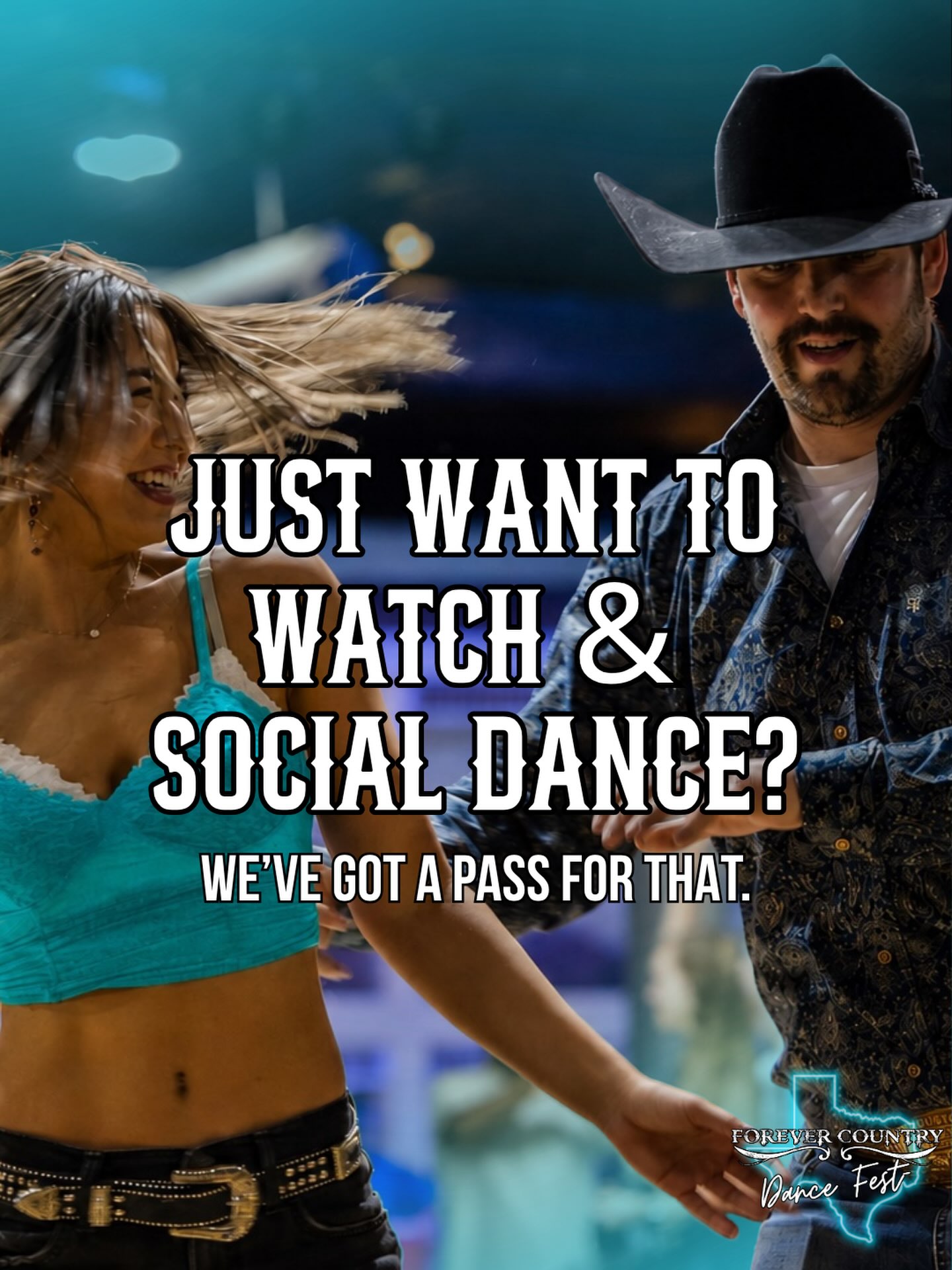 Come watch the competitions, cheer on your favorite dancers, and hit the floor for social dancing — no workshops required.
SPECTATOR + SOCIAL DANCE PASSES
$20 PER DAY | $50 FULL WEEKEND
WATCH. CHEER. SOCIAL DANCE. REPEAT. 🔥
📍 Gilley’s Dallas
📅 November 20–22, 2026
🎟️ ForeverCountryDanceFest.com