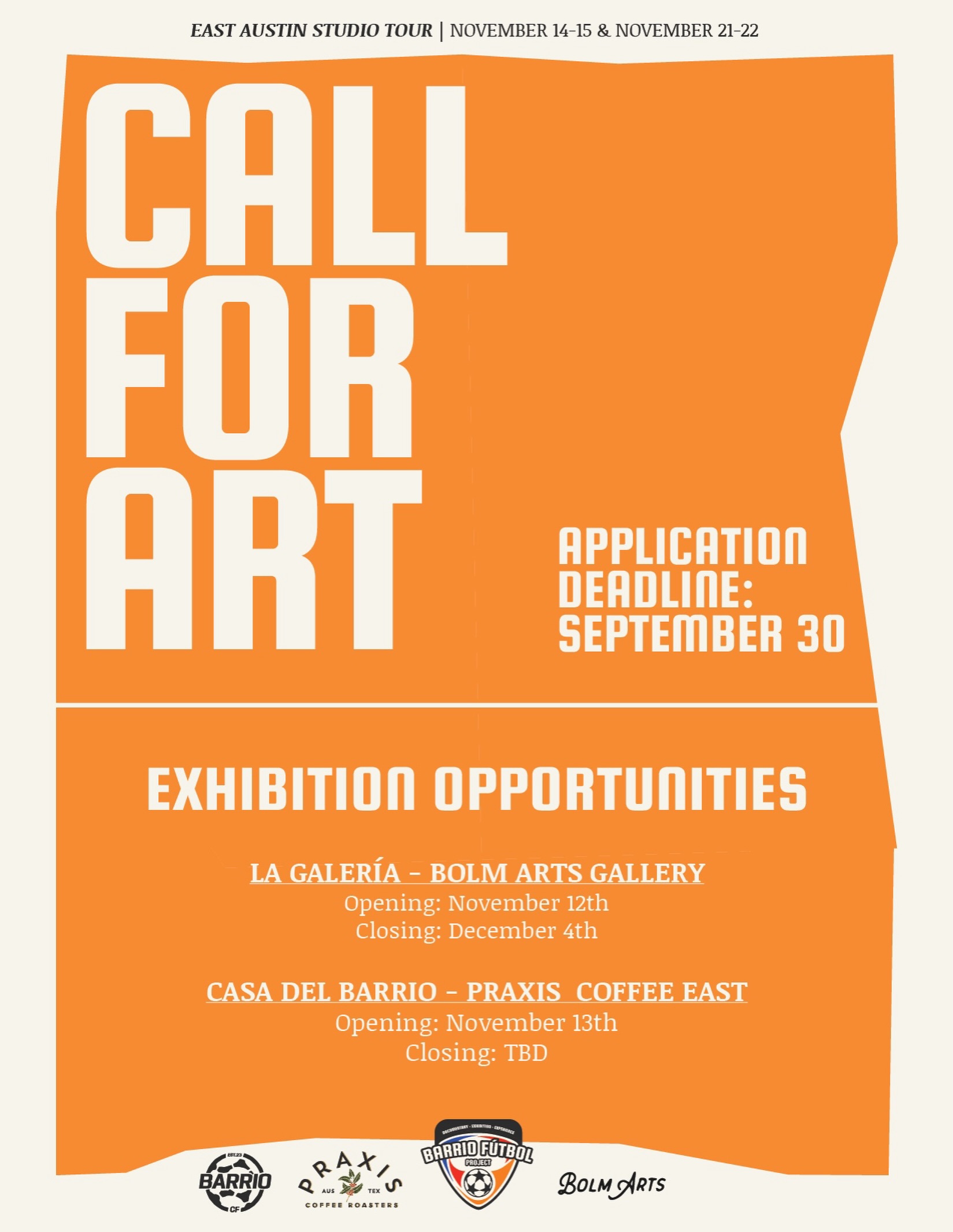 Mi gente! Llama a tus amigos artistas!
We’re building a roster of community artists to bring together a range of disciplines and perspectives inspired by the movement.
Artists are invited to submit work exploring fútbol, community, identity, and culture for exhibition during the 2026 @austinstudiotour
Submission Deadline: September 30
Application link is in our bio!
If you have any questions about submission, please reach out to thebarriofutbolproject@gmail.com
ABOUT BFP:
The Barrio Fútbol Project is a community-powered initiative exploring the intersection of identity, community, and sport. Through a photo documentary series, exhibitions featuring local artists, and a two-day futsal tournament, art market, and DJ showcase, the project serves to create a living archive of the moment while inviting people to experience the magic of the movement.