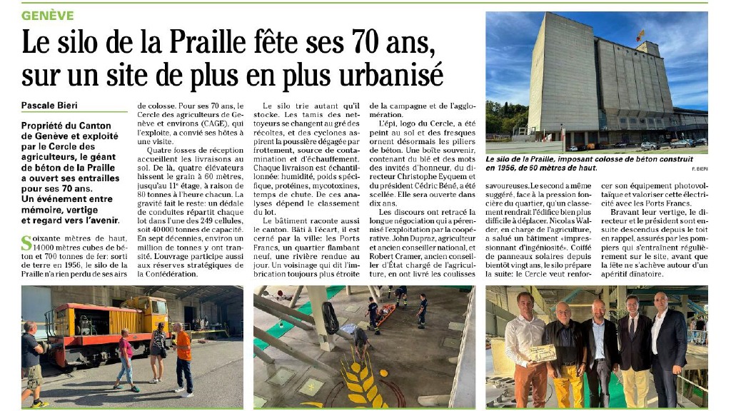 Mardi 1er septembre 2026, Le Cercle a célébré un anniversaire important : les 70 ans de notre silo de la Praille.
Depuis sa construction, le silo accompagne l’agriculture genevoise et témoigne de l’évolution des activités du Cercle. Ce moment convivial nous a permis de revenir sur son histoire, de mettre en lumière son rôle dans la filière agricole et de partager cette étape symbolique avec nos partenaires, nos collaborateurs et nos invités.
Nous adressons nos chaleureux remerciements à toutes celles et ceux qui ont contribué à rendre cet événement possible, notamment :
@ericemery_bpc, qui nous a fourni son levain afin de pouvoir l’offrir à nos participants ;
l’équipe du Grimpday d’@incendiesecoursgeneve, qui a fait descendre notre Directeur ainsi que le Président du silo en tyrolienne ;
@graffeur.ch, pour la réalisation en direct de notre logo ;
le journal @agrihebdo, pour ce bel article ;
ainsi qu’à l’ensemble de nos partenaires et collaborateurs !
Un grand merci également à toutes les personnes présentes pour leur participation, leur enthousiasme et les échanges partagés tout au long de la soirée !
Cet anniversaire est l’occasion de rappeler que derrière les bâtiments, les machines et les infrastructures, ce sont avant tout des femmes, des hommes et des partenariats qui font vivre l’agriculture genevoise.
Merci à toutes et à tous, et rendez-vous dans dix ans ! 🌾