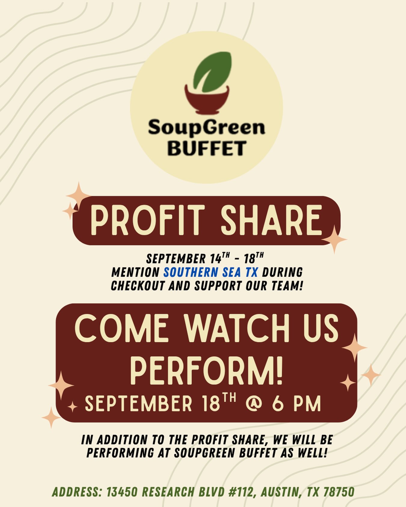 We’re excited to collaborate with @soupgreenbuffet and have our very first profit share!
Starting September 14th-September 18th, mention Southern Sea TX during checkout to support our team! Additionally, we will be performing at Soup Green Buffet at 6pm on September 18th, we hope to see everyone there!
#atx #austin #liondance #soupgreenbuffet