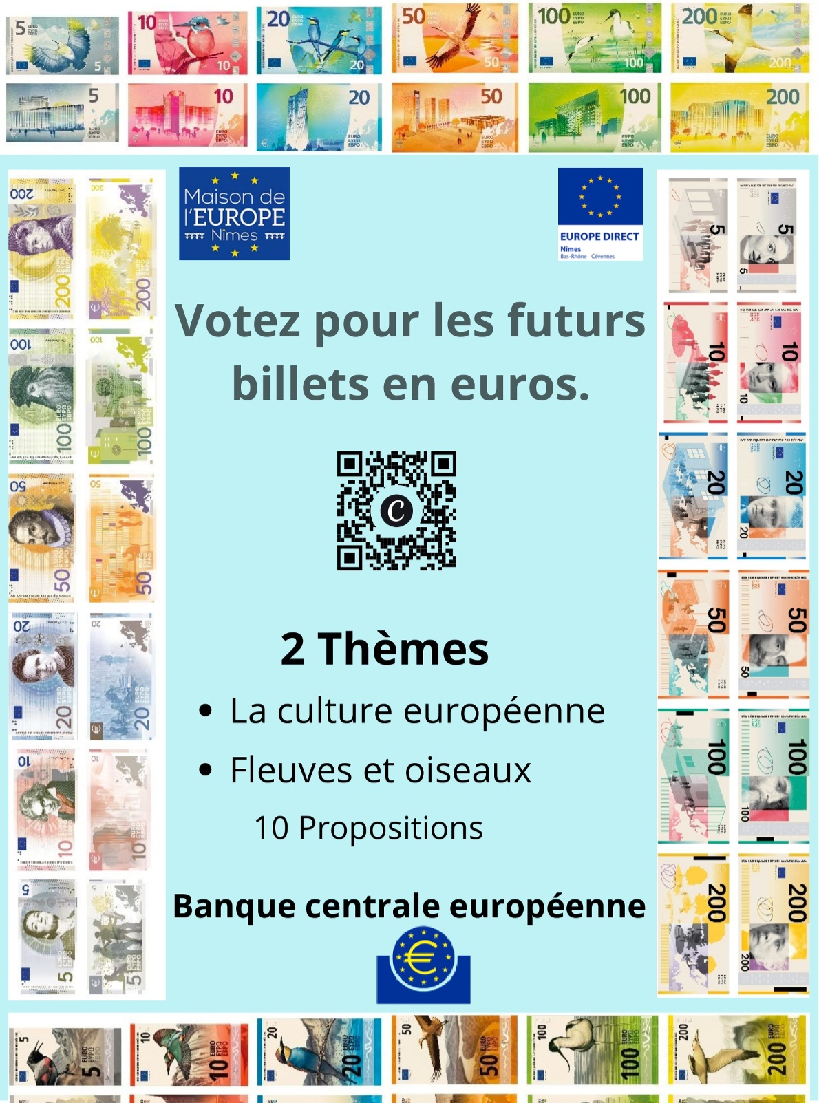 💶A quoi ressemble les futurs billets en euros?
Les nouvelles propositions de billets d'euros sont lancées par la Banque Centrale européenne! Venez les découvrir et voter à la Maison de l'Europe de Nîmes.
A travers cette exposition, découvrez 10 propositions imaginées autour de deux thèmes :
La culture européenne
les fleuves et les oiseaux
A vous de voter pour vos visuels préférés!
📍Venez découvrir les affiches sur les vitres de la Maison de l'Europe de Nîmes et participez au vote grâce au QR code présent sur l'exposition.
#Maisondel'Europe #Nîmes
#Euro #BilletenEURO
#CultureEuropéenne
#BanqueCentraleEuropéenne