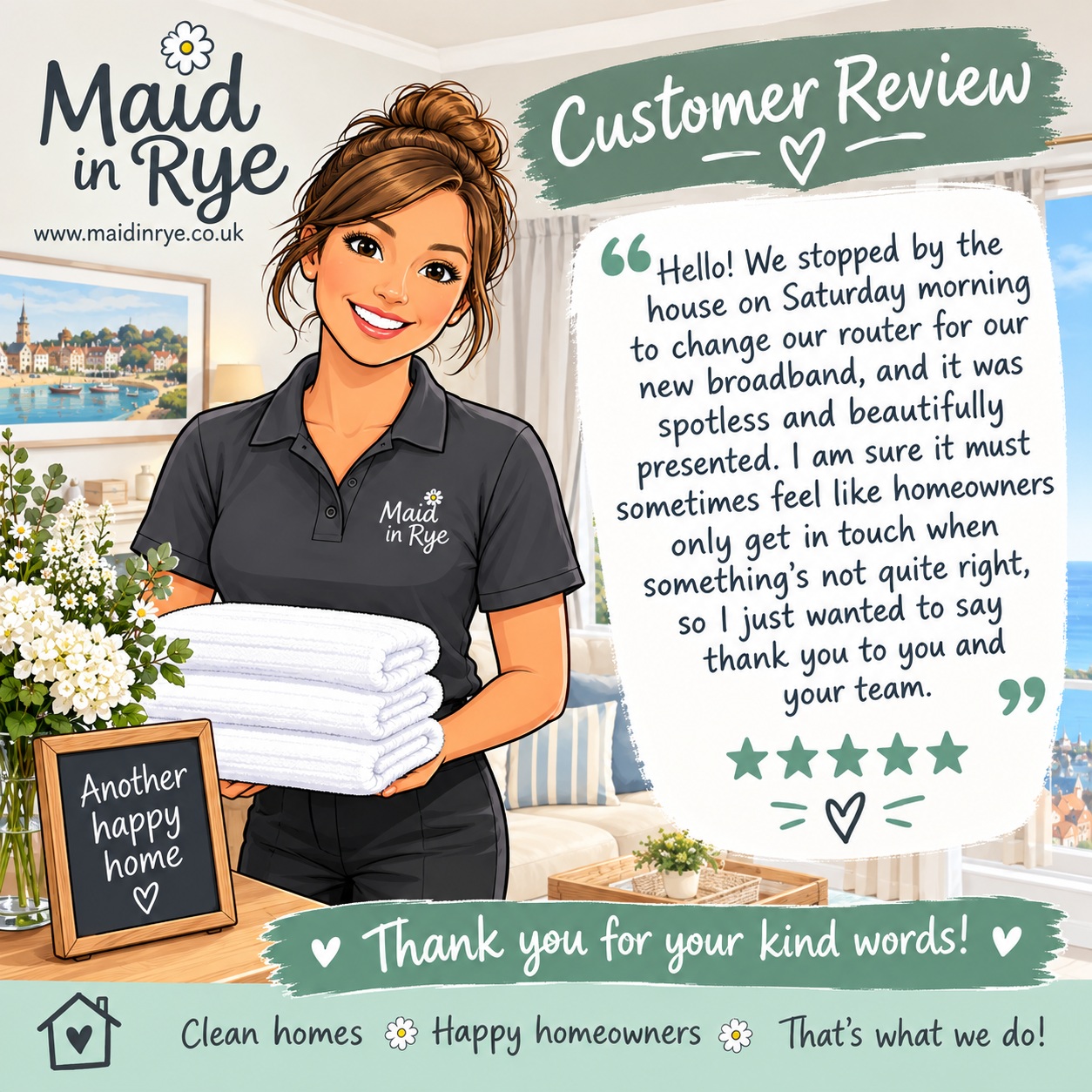 💬 A Little Love Goes a Long Way ❤️
At Maid in Rye, we’re always happy to hear when something hasn’t quite gone right. If we’ve missed something or there’s an area that needs a little more attention, please tell us — we’d much rather know so we can put it right and learn from it. 🧹✨
But we also know that, sometimes, we only hear from homeowners when there’s a problem.
So when a homeowner takes the time to leave us a lovely review, it genuinely means so much to our whole team. ❤️
Knowing that you’ve walked into your holiday home and found it spotless, beautifully presented and ready for your guests is exactly what we work hard for every day.
So, if you’re happy with the service we provide, please let us know! A quick review, message or simple “thank you” really does make our team’s day. 😊
Complaints help us improve. Compliments help us know we’re getting it right.
Thank you to all our wonderful homeowners who take the time to give us feedback — we really do appreciate it. ❤️
#MaidInRye #HolidayHomeHousekeeping #Rye #Camber #Battle #EastSussex #HolidayLet #HolidayHomeOwners #Housekeeping #HappyHomeowners