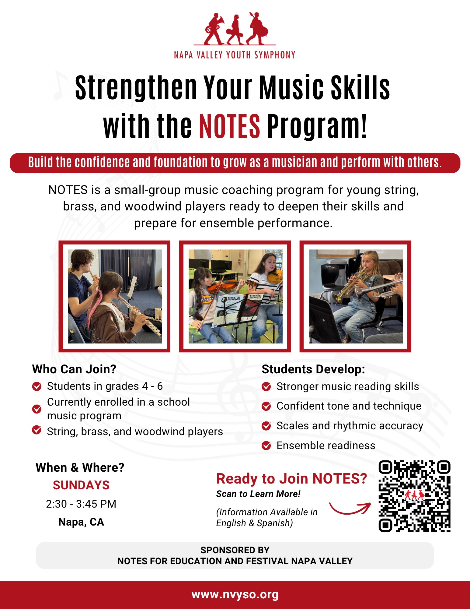 The NOTES Program is a small-group coaching program that helps young musicians build their skills and feel more comfortable playing with others.
It’s open to 4th-6th grade strings, brass, and woodwind students already participating in a school music program, and no audition is required.
NOTES begins September 20 and meets Sundays from 2:30-3:45 PM in Napa.