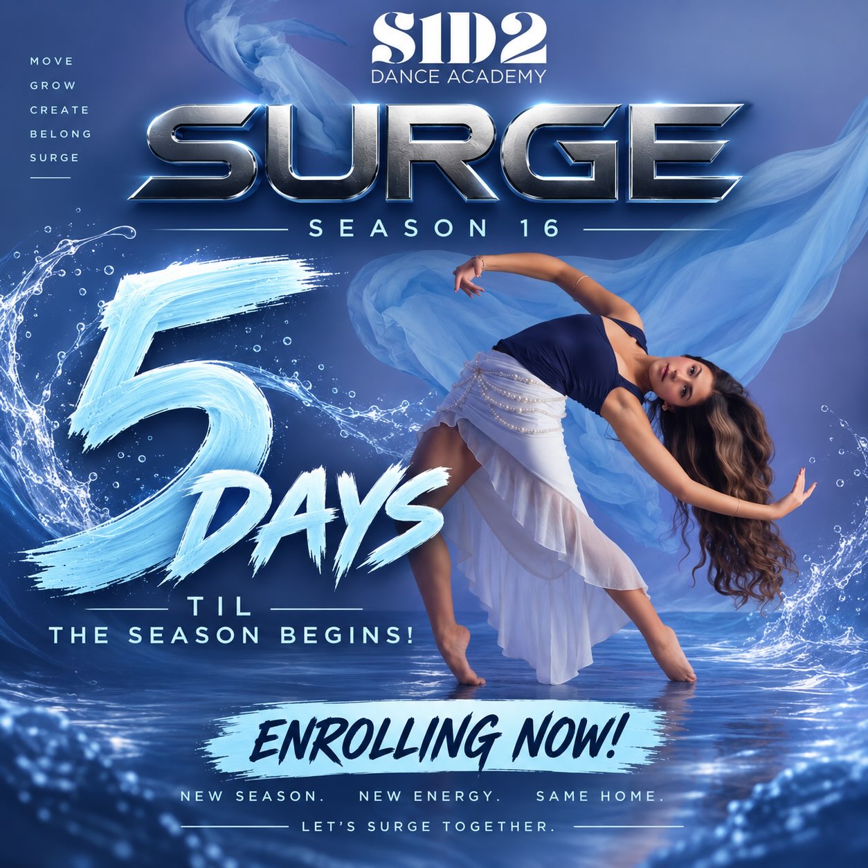 🌊 5 DAYS until SURGE • Season 16 officially begins!
But first… we’re kicking it all off TOMORROW! 🤍⚡️
Join us from 5–7 PM for our Season 16 Kickoff Celebration! Come hang with the S1D2 staff, bounce, grab a popsicle, , Kona ice, shop dancewear and celebrate the start of a brand-new season together.
This is a FREE event for our enrolled dancers & families — just make sure you’re signed up so we can plan accordingly!
And if you haven’t enrolled yet… there’s still time. We’d love to have you.
5 days. A whole new season.
Let’s SURGE. 🌊
