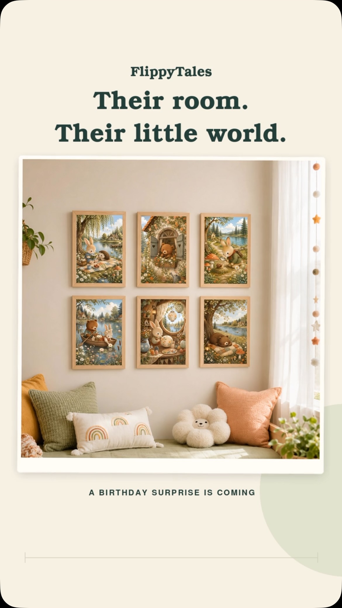 A little glimpse of something BIG. 💛
FlippyTales turns ONE this Ganesh Chaturthi and we’re getting ready to celebrate.
Woodland worlds, little adventures and words to grow up with. Which one would you choose for your child’s room?
14 September. Follow for the reveal. ✨
#flippytales #nurserywallart #kidsroomdecor #kidswallart #raisinghappykids
