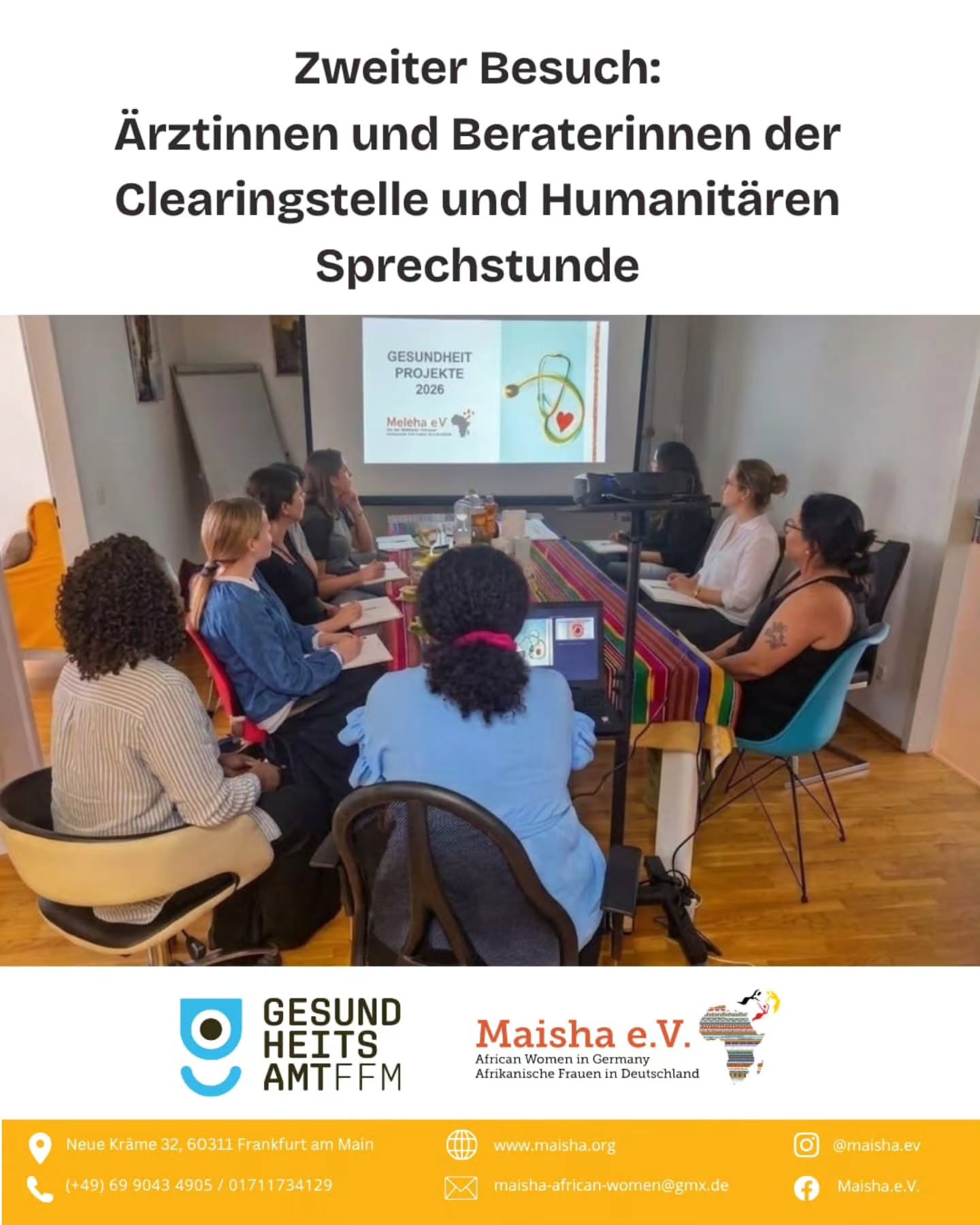 Gesundheit gemeinsam stärken 💛
Wir haben uns sehr über den zweiten Besuch der Ärztinnen und Beraterinnen der Clearingstelle und Humanitären Sprechstunde des Gesundheitsamtes Frankfurt bei Maisha e.V. gefreut.
Der gemeinsame Austausch bietet eine wertvolle Gelegenheit, Erfahrungen zu teilen, Fragen zu besprechen und die Zusammenarbeit weiter zu stärken. Unser gemeinsames Ziel ist es, den Zugang zu gesundheitlicher Beratung und Versorgung für Frauen in schwierigen Lebenssituationen zu verbessern.
Ein herzliches Dankeschön an das Team des Gesundheitsamtes Frankfurt für den Besuch, den offenen Austausch und die gute Zusammenarbeit. Wir freuen uns auf weitere gemeinsame Schritte! 🌷
#MaishaeV #Gesundheit #FrankfurtAmMain #GesundheitsamtFrankfurt #frauengesundheit