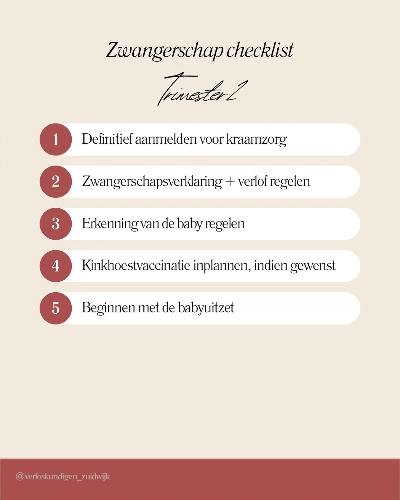 Zwangerschap checklist | trimester 2 👶🏼
1. Zorg ervoor dat je aan het begin van het tweede trimester definitief bent aangemeld bij een kraamzorgbureau of bij een zelfstandig kraamverzorgende.
2. Bij ons kun je een zwangerschapsverklaring krijgen. Ben je in loondienst? Dan kun je hiermee je zwangerschapsverlof met je werkgever regelen. Werk je als zzp’er? Dan kun je bij het UWV een ZEZ-uitkering aanvragen.
3. Ben je niet getrouwd en hebben jullie geen geregistreerd partnerschap? Dan regel je via de gemeente tijdens de zwangerschap de erkenning van de baby.
4. Wij geven je informatie over de kinkhoest-, griep- en RSV-vaccinatie tijdens de zwangerschap. De kinkhoest vaccinatie en griepprik (griepprik vanaf 15 oktober) kun je vanaf 22 weken via de JGZ/het consultatiebureau regelen. De RSV-vaccinatie regel je via de GGD of een vaccinatiecentrum.
5. Het tweede trimester is een fijn moment om rustig te beginnen met de babyuitzet. Je hoeft natuurlijk nog niet alles in één keer aan te schaffen!
En er zijn nog meer belangrijke momenten:
• 13 weken: de 13-wekenecho, indien gewenst
• 16 weken: geslachtsecho, indien gewenst
• 20 weken: de 20-wekenecho, indien gewenst
• Rond 20 weken: bloedonderzoek naar ijzer bij vrouwen die tot een risicogroep voor bloedarmoede behoren
• Rond 27 weken: bloedonderzoek wanneer je rhesus D- of C-negatief bent
• 24–28 weken: een suikertest (OGTT) wanneer hiervoor een indicatie bestaat
• 16–18 weken: een OGTT wanneer je eerder zwangerschapsdiabetes hebt gehad
#zwangerschap #verloskunde #verloskundigenpraktijk