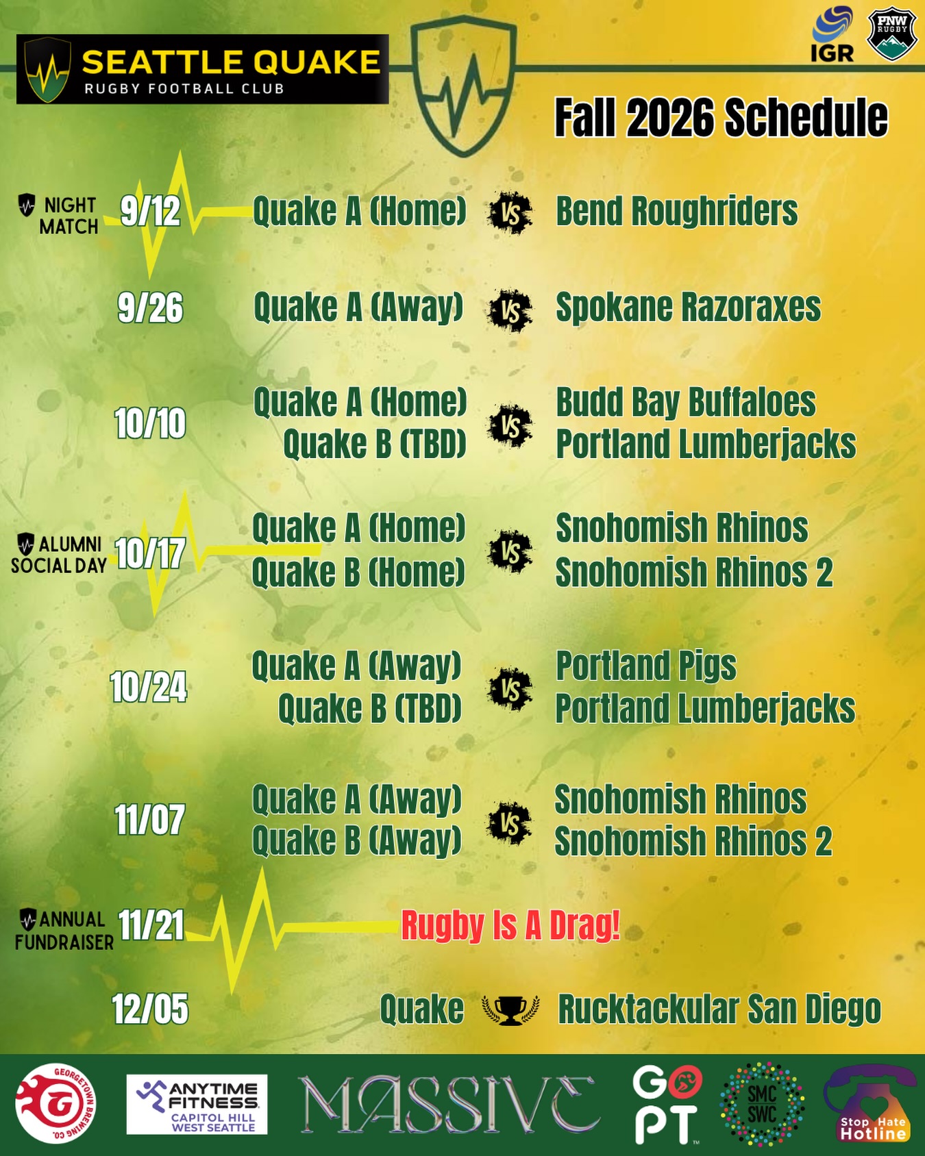 Quake’s Fall 2026 Schedule! First league match this weekend at home. Mark your calendars! #rumblerumble