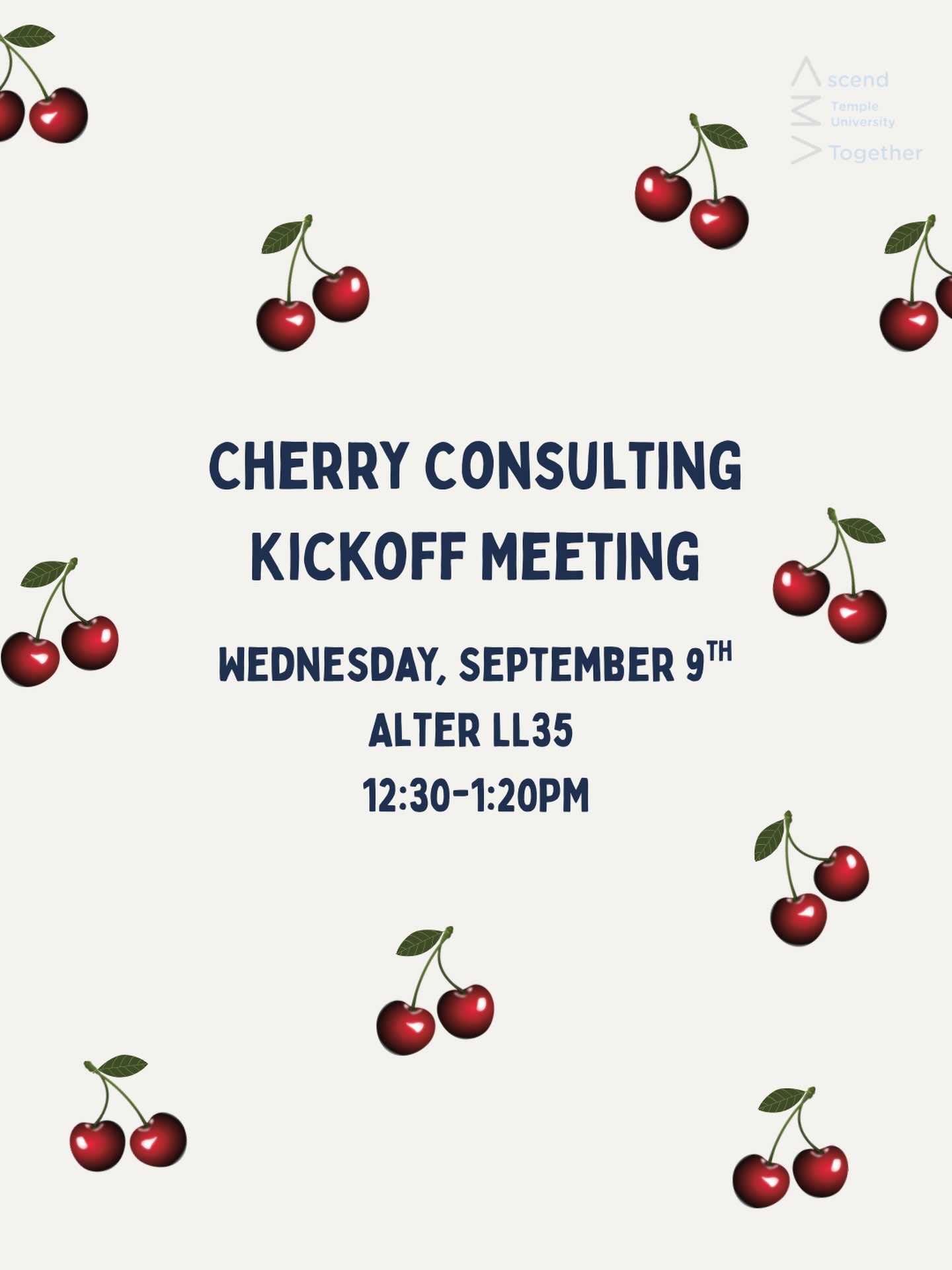 Hey Owls 🦉
CHERRY IS BACK! 🍒
Today is our Cherry Consulting Kickoff Meeting, and we’d love to see you there! Come meet the clients, connect with other students, and learn more about the exciting opportunities Cherry has planned for this semester.