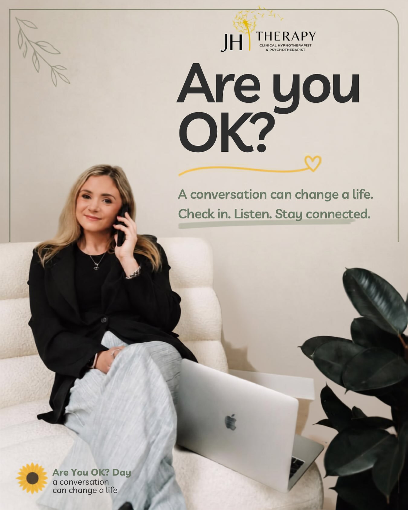 Are you OK?
It’s a great question to ask today — but it shouldn’t stop today, each day & each moment count
Checking in, really listening, staying connected — that matters every day, not just once a year. Because a smile doesn’t always tell the full story. Someone can be doing “fine” on the outside and still be carrying a lot underneath
So ask the question. Then listen to the answer. Make space for the real one, not just the easy one.
A conversation can change a life — today, and any other day too💛
.
.
#AreYouOKDay #MentalHealthMatters