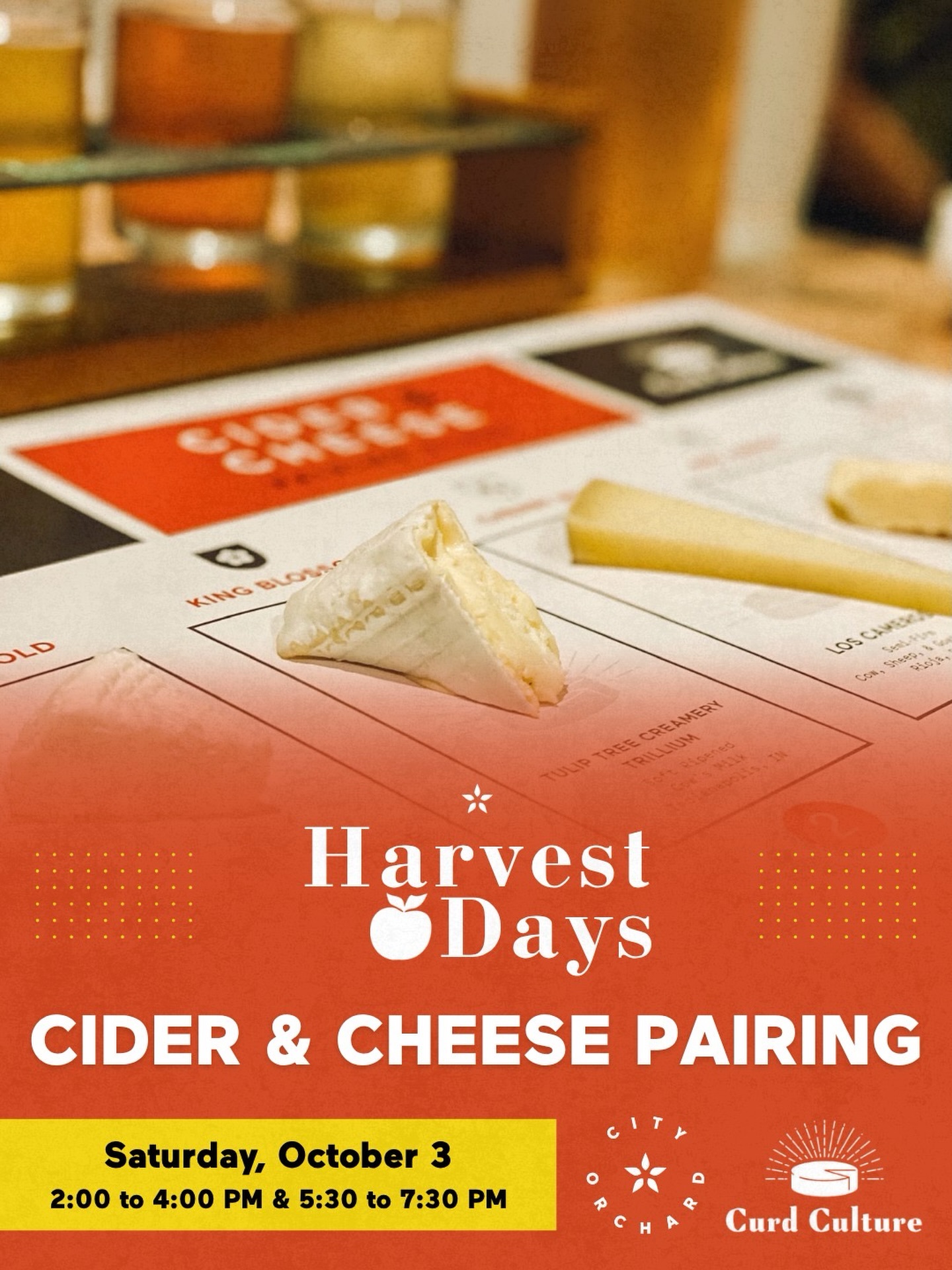 Our fan-favorite cheese pairing with @curd_culture returns October 3rd for Harvest Days. 🧀
Adrianne walks you through a guided pairing built around the Harvest Flight: King Blossom, Kingston Black, Cranberry Vanilla, and Harvest Spice.
We added a second seating to keep the classes small and intimate.
2:00 to 4:00 PM
5:30 to 7:30 PM
35 seats each. The last one sold out, so don’t think about it too long.
Tickets at the link in bio.