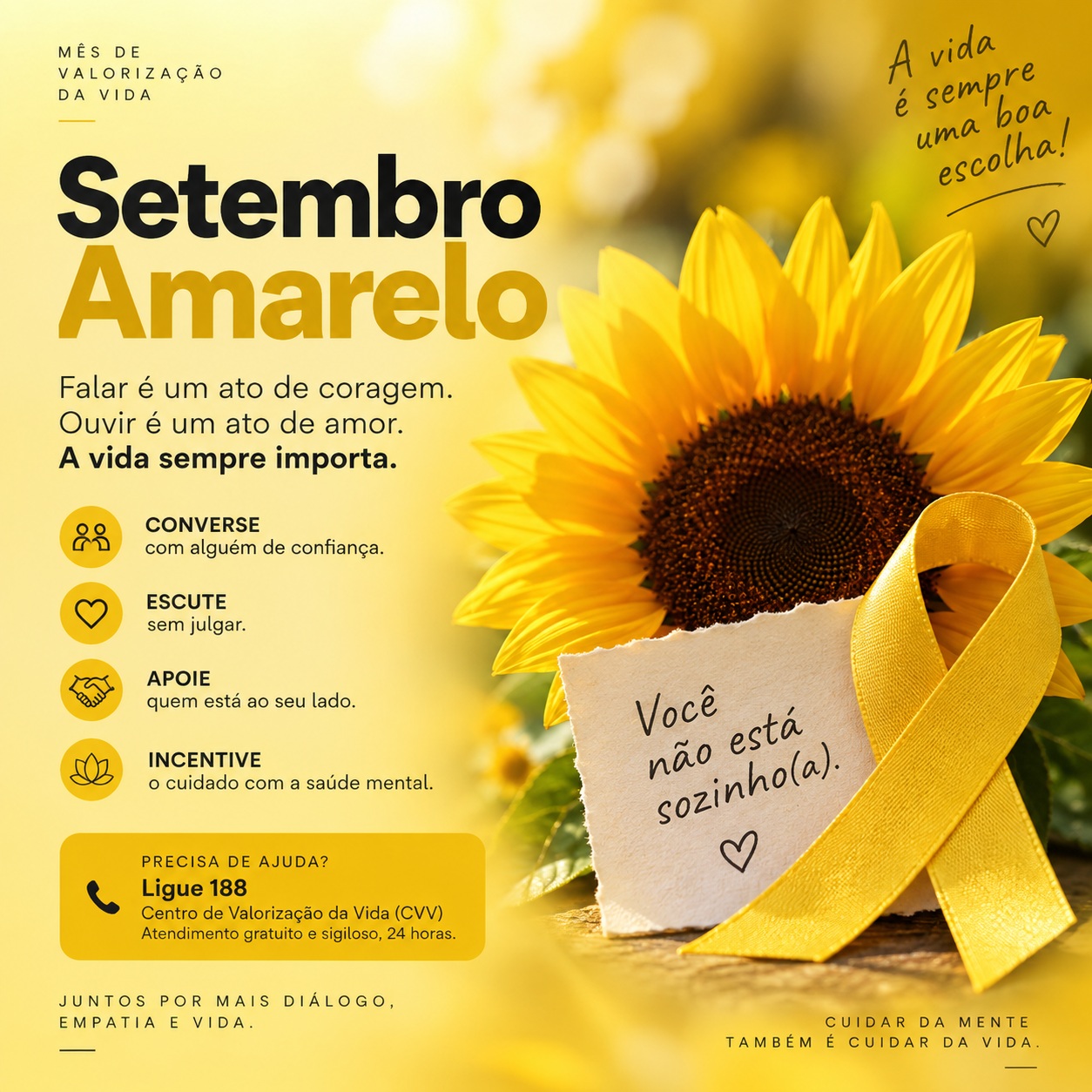 Nem toda dor aparece. Às vezes, ela se esconde atrás de um sorriso, de um “está tudo bem” ou de um silêncio que ninguém percebe. 💛 Neste Setembro Amarelo, queremos lembrar: escutar também é uma forma de cuidar.
Uma conversa pode acolher. Uma mensagem pode aproximar. Um gesto pode fazer alguém perceber que não precisa enfrentar tudo sozinho. Falar é coragem. Ouvir sem julgar é amor.
Se estiver difícil, procure ajuda. O CVV atende gratuitamente pelo 188, 24 horas por dia. E olhe também para quem está ao seu lado — sua presença pode fazer diferença.
💛 QRo+ Saúde — porque toda vida importa.