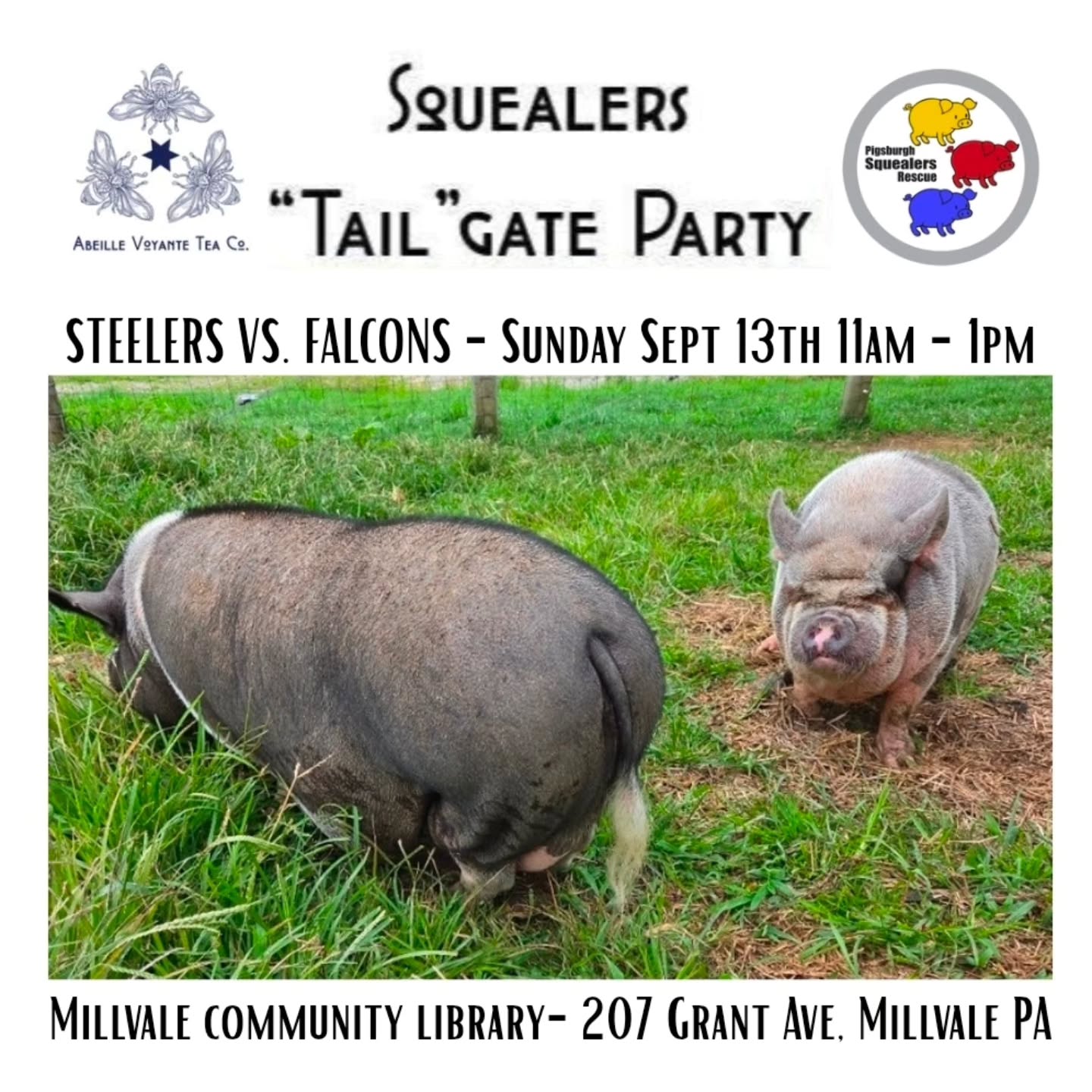 Join Pigsburgh Squealers and Abeille Voyante Tea Co this Sunday Sept 13th before the Steelrs vs. Falcons game as we host a pre-game "Tail"gate party. There will be some piggy guests of honor! This is a fundraiser for to help them with us with our remaining spay/neuter bills from the recent hoarding case.
There will be vegan-ized tail gate foods for sale with proceeds going to the rescue. Enter the tea garden through the back yard of the Millvale Community Library. See yinz there!
@abeillevoyanteteaco #tailgate #steelersnation #stwelers #animalrescue