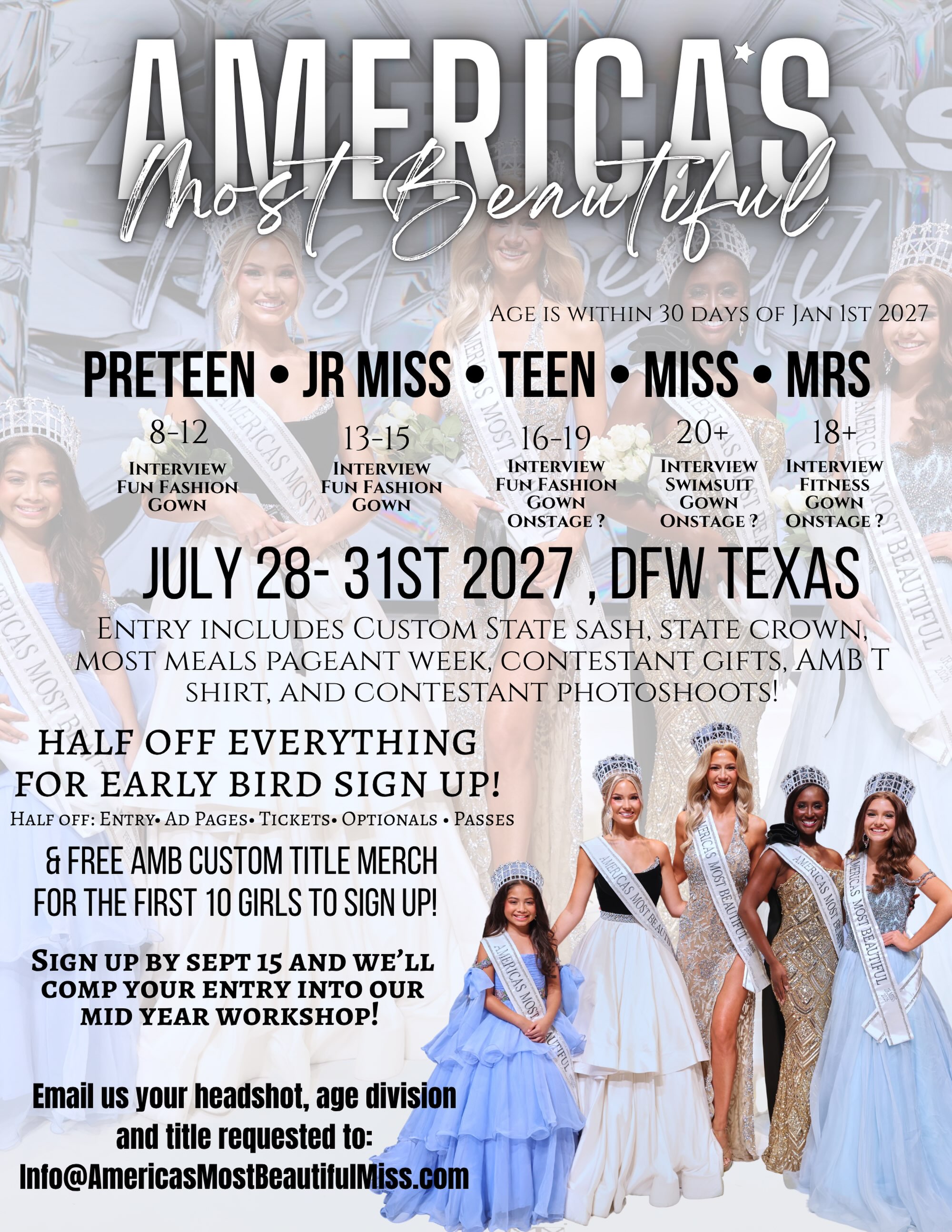 We are so excited to announce our dates for 2027! Email or DM us for more info! Certain State titles will go fast, so if you’ve got your eye on a specific title, message us ASAP to claim! Don’t miss out on early bird entry & merch/workshop freebies for our first 10 girls to sign up! #AMBPageants