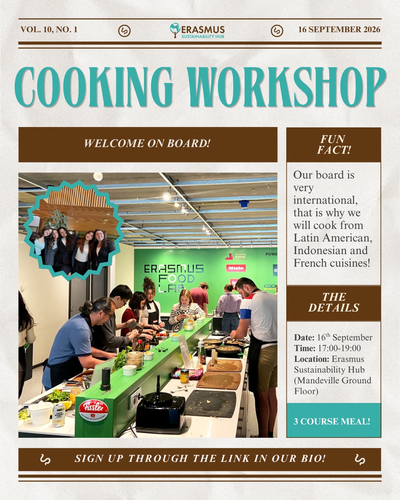 A 3-course dinner inspired by Latin America, Indonesia, and France? Yes, please! ๐ฝ๏ธโจ
Join us next Wednesday at the Hub for our Welcome on Board Cooking Workshop! ๐ Weโll be cooking up a feast together, learning new recipes, and sharing good vibes over an international dinner.
๐ Wednesday, 16 September | 17:00 โ 19:00
๐ ESH (Mandeville Ground Floor)
๐ Tickets are limited and go fast! Secure your spot via the link in our bio or on our website.
Whoโs joining us in the kitchen? ๐ค๐ป๐ชฑ๐
#erasmussustainabilityhub #erasmusuniversity #rotterdamstudents #cookingworkshop #erasmus
